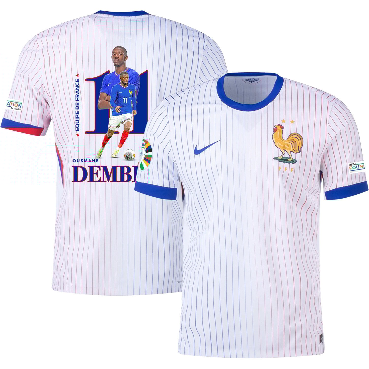 Ousmane Dembl 11 The Star Player Of France National Team 2024/25 Away Jersey – Euro UEFA Patch – Men, White