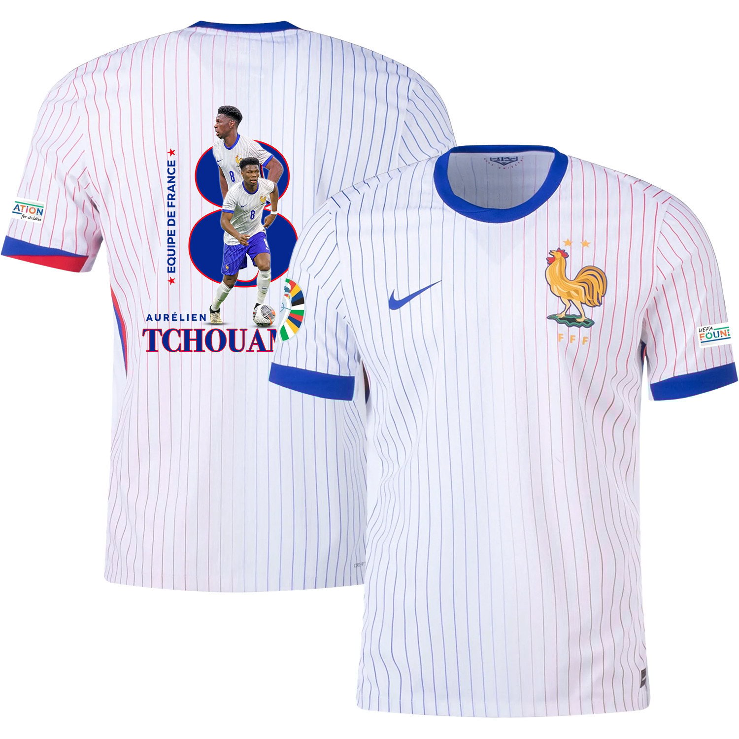 Aurlien Tchouamni 8 The Star Player Of France National Team 2024/25 Away Jersey – Euro UEFA Patch – Men, White