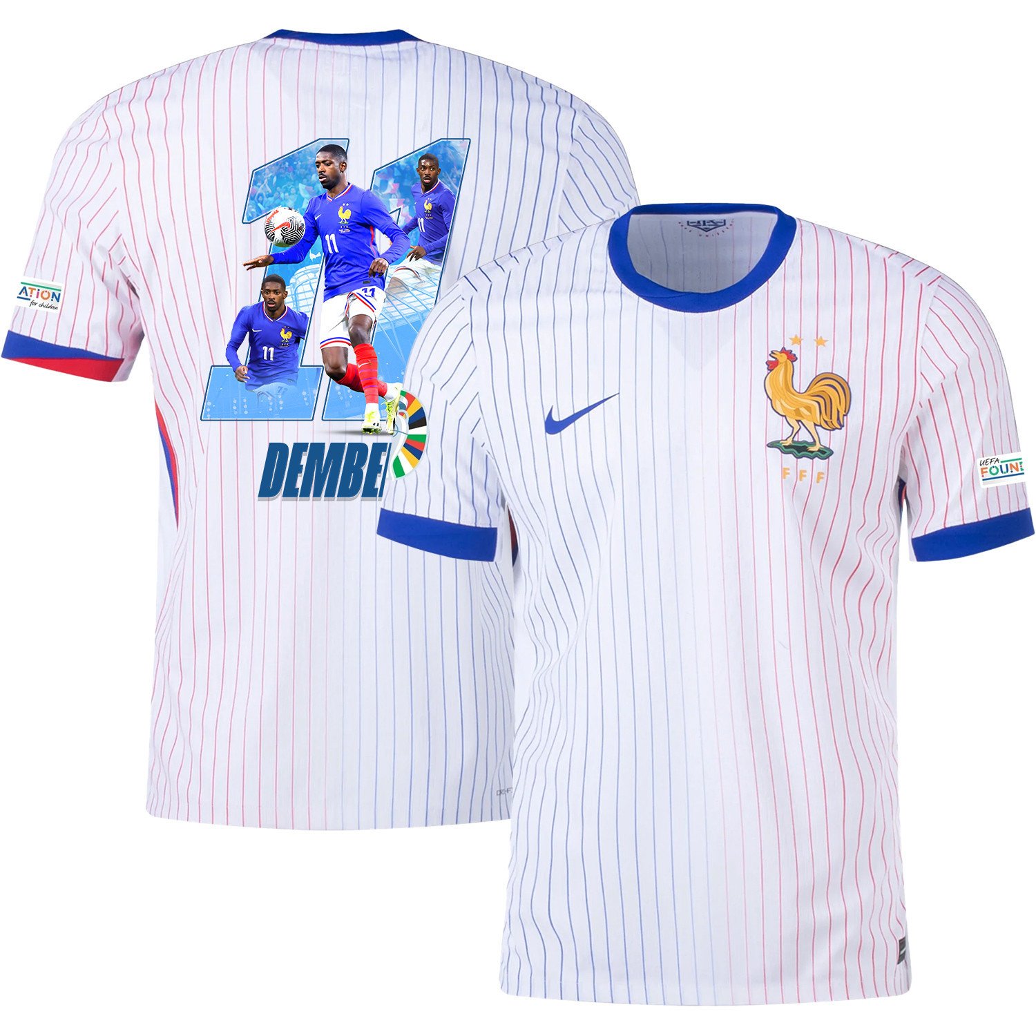 Ousmane Dembl 11 Skillful Player France National Team 2024/25 Away Jersey – Euro UEFA Patch – Men, White