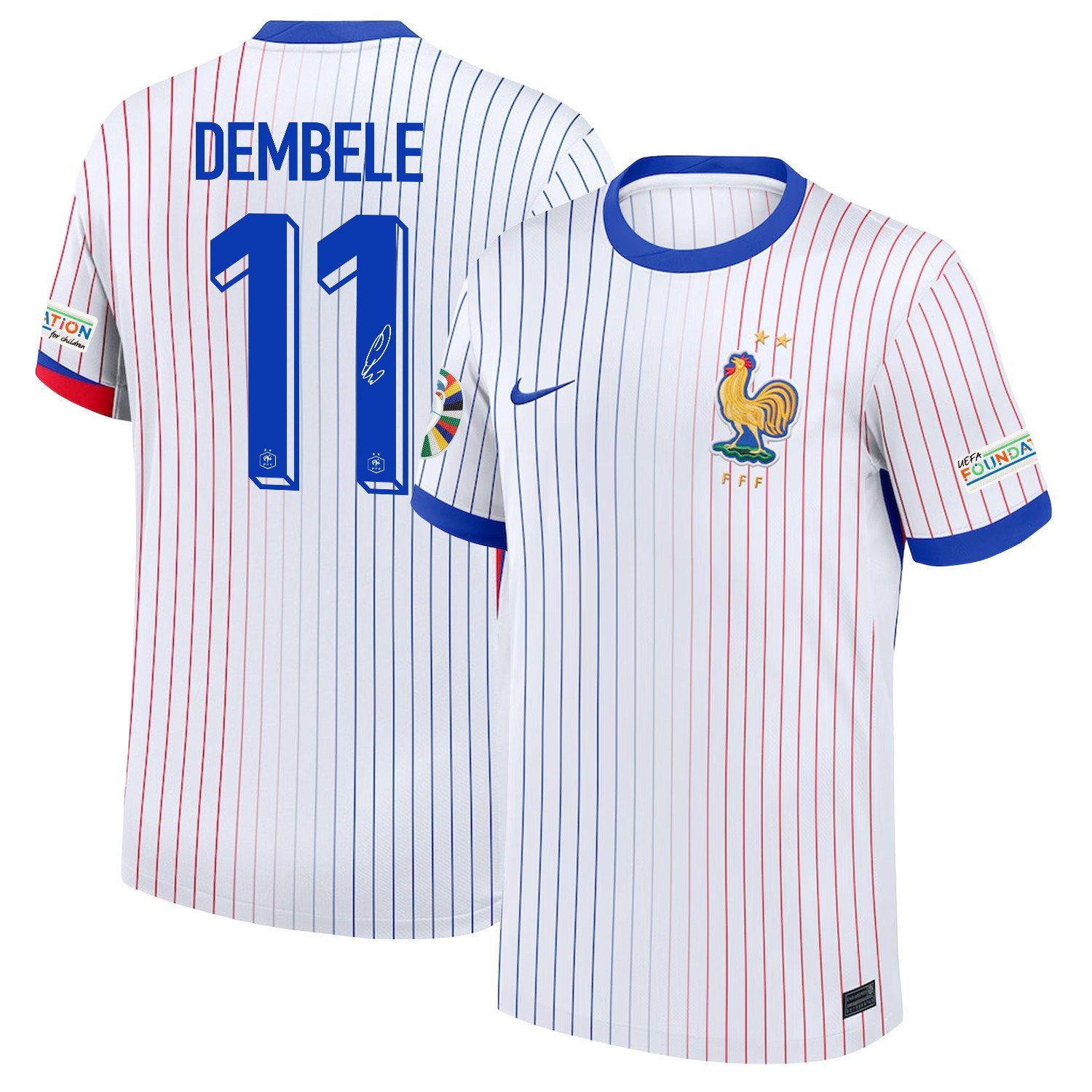 Ousmane Dembl 11 Signed France National Team 2024/25 Away Jersey – Euro UEFA Patch – Men, White