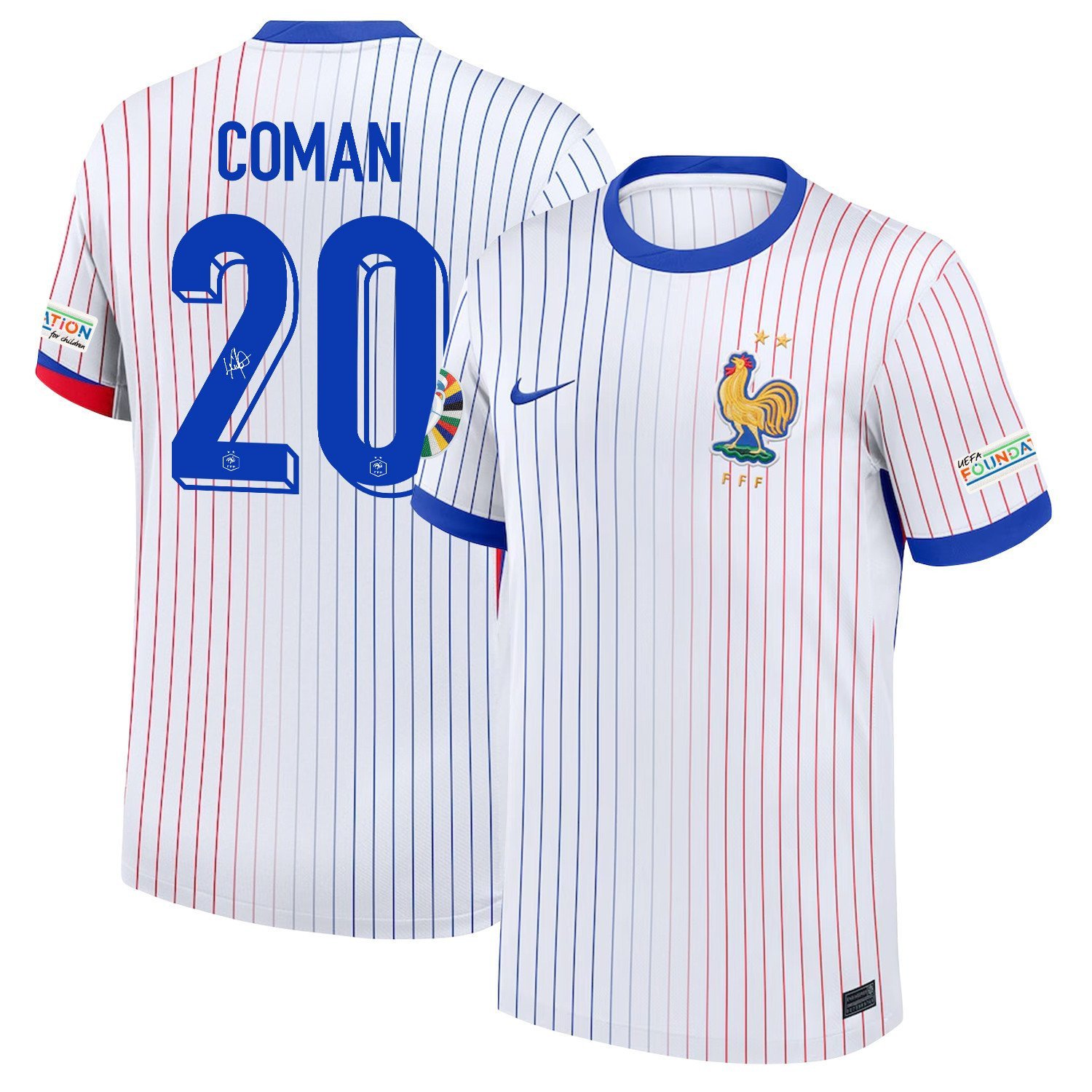 Kingsley Coman 20 Signed France National Team 2024/25 Away Jersey – Euro UEFA Patch – Men, White