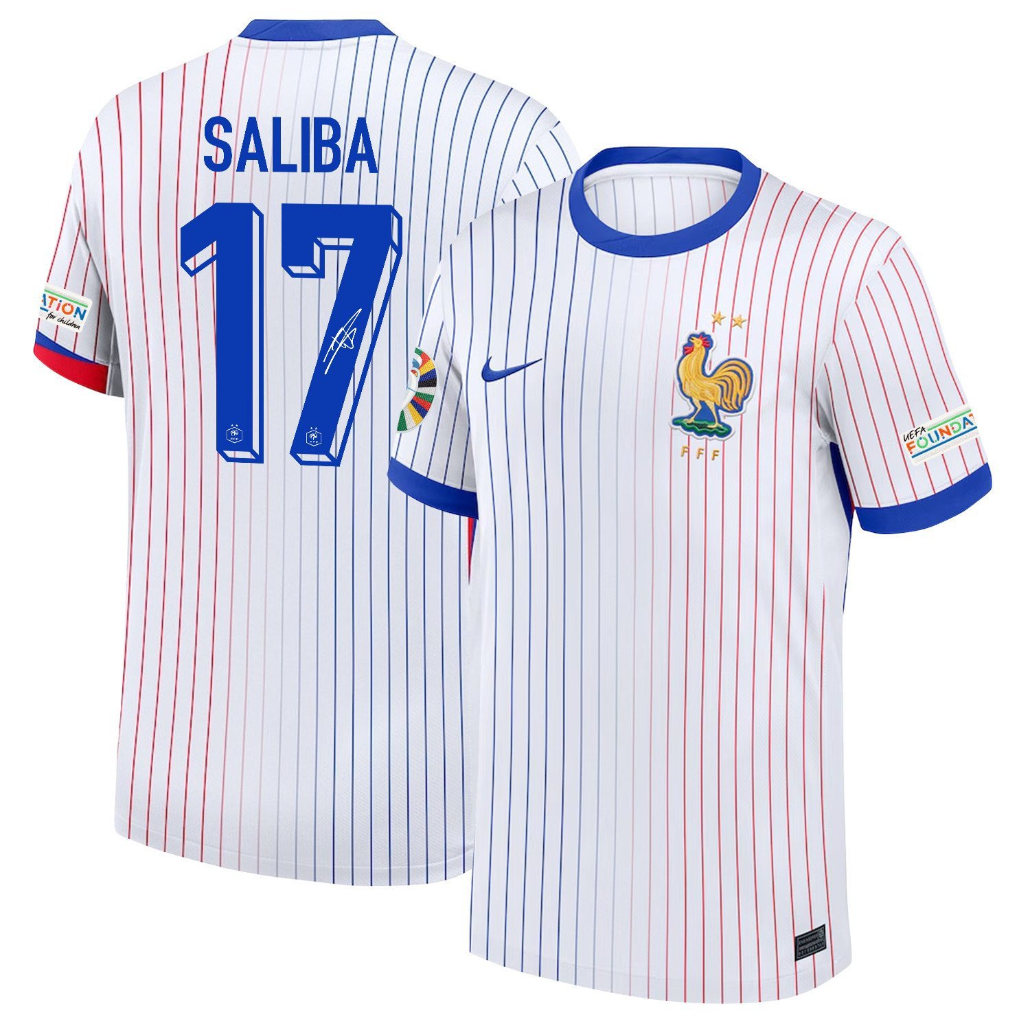 William Saliba 17 Signed France National Team 2024/25 Away Jersey – Euro UEFA Patch – Men, White