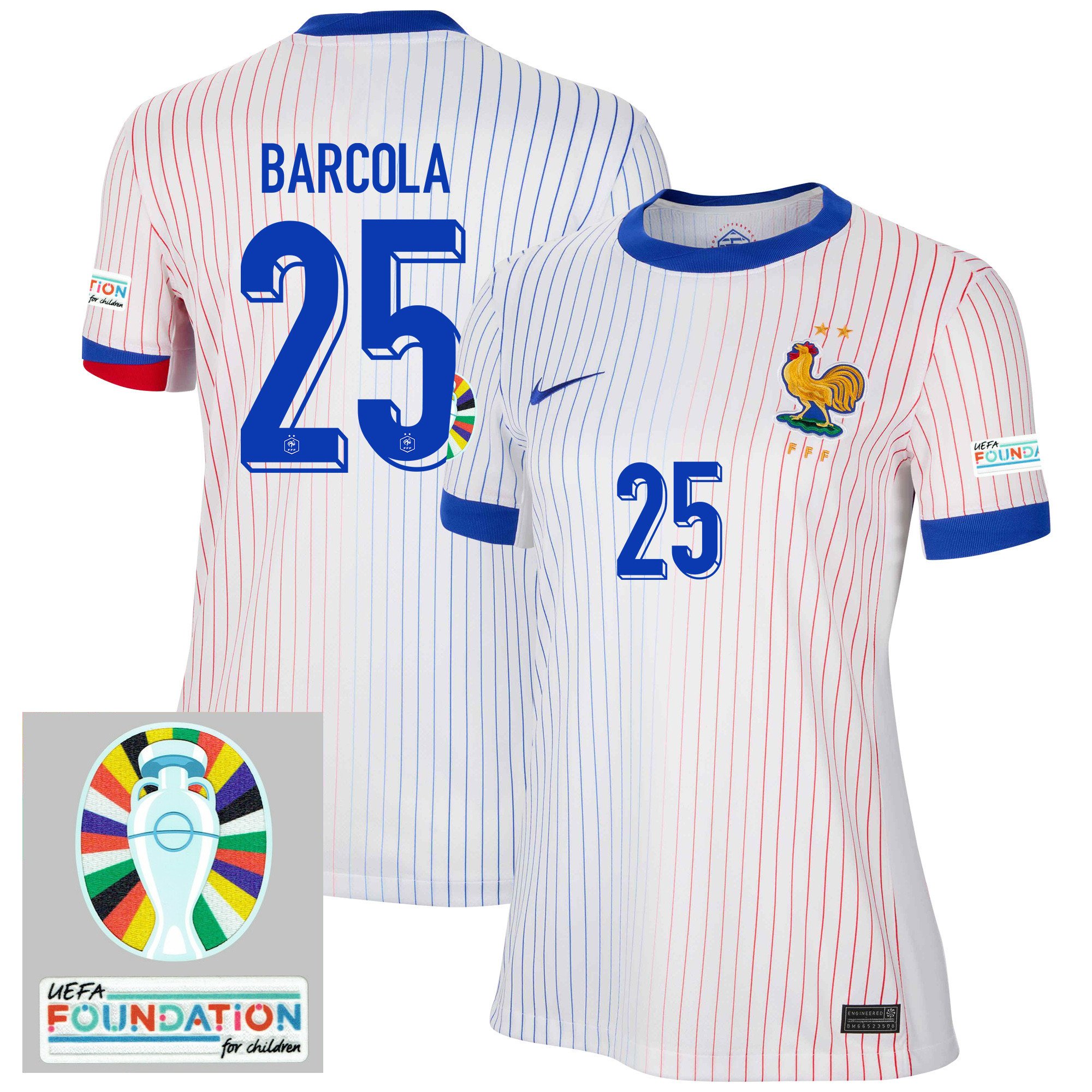 Bradley Barcola 25 France National Team 2024/25 Women's Away Jersey – Euro UEFA Patch – White