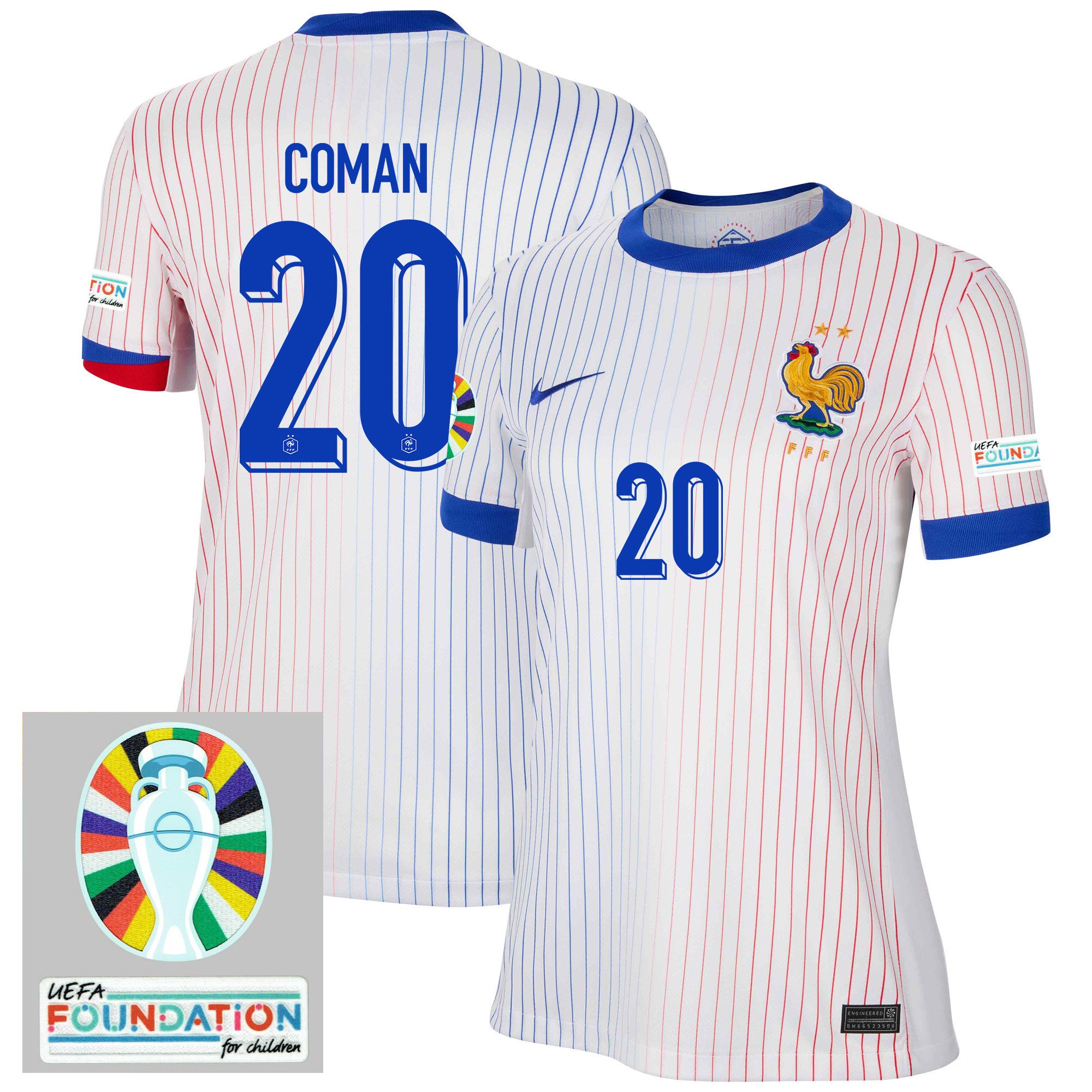 Kingsley Coman 20 France National Team 2024/25 Women's Away Jersey – Euro UEFA Patch – White