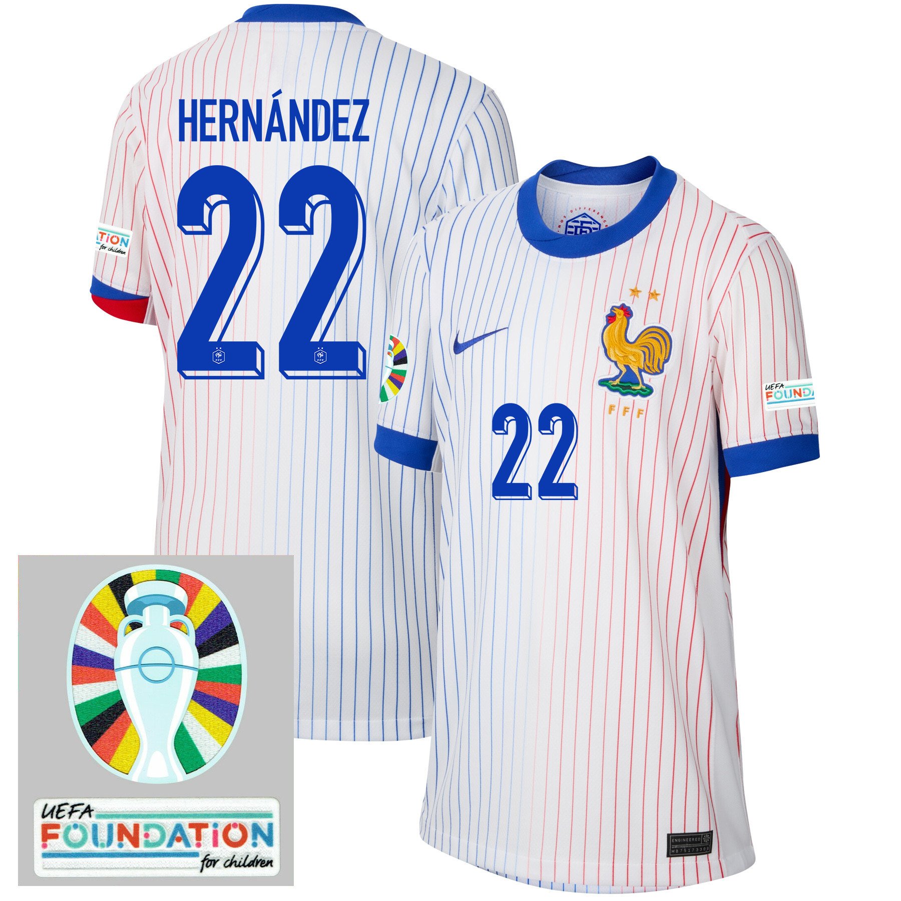 Theo Hernndez 22 France National Team 2024/25 YOUTH Away Jersey – Euro UEFA Patch – White