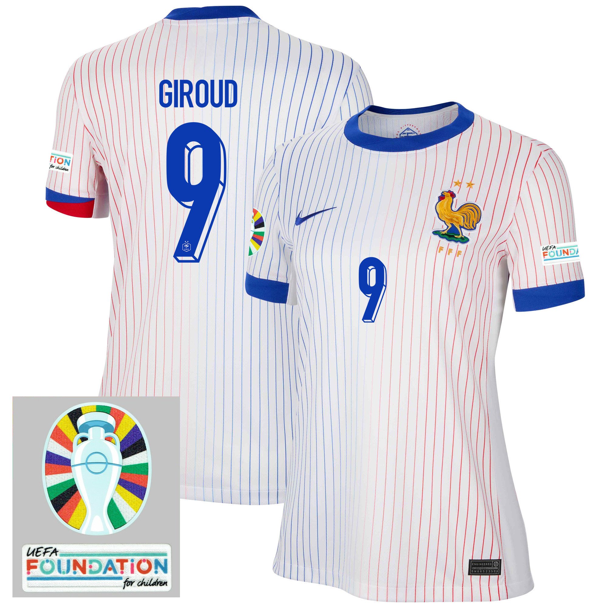 Olivier Giroud 9 France National Team 2024/25 Women's Away Jersey – Euro UEFA Patch – White