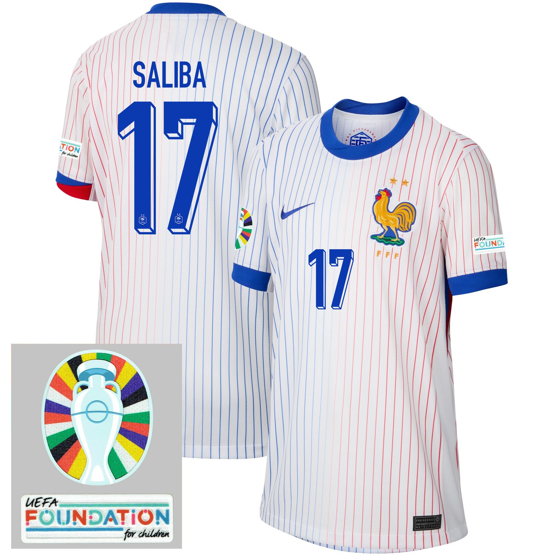 William Saliba 17 France National Team 2024/25 YOUTH Away Jersey – Euro UEFA Patch – White
