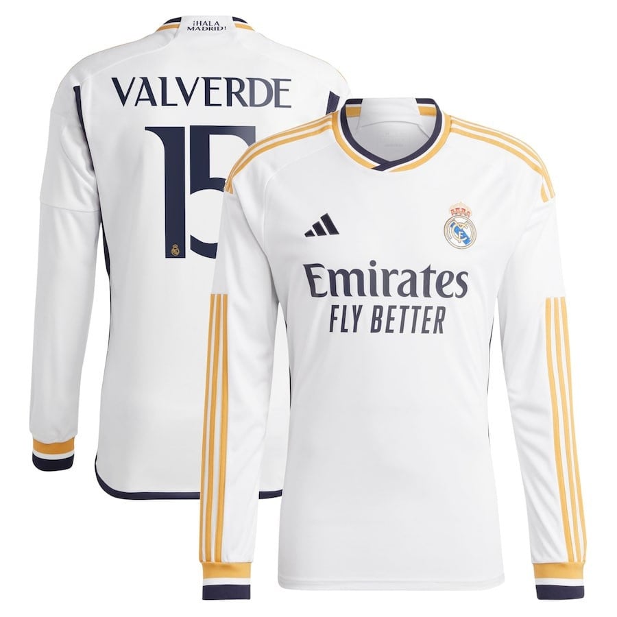 Federico Valverde 15 Real Madrid 2023/24 Home Men Long Sleeve Jersey – White
