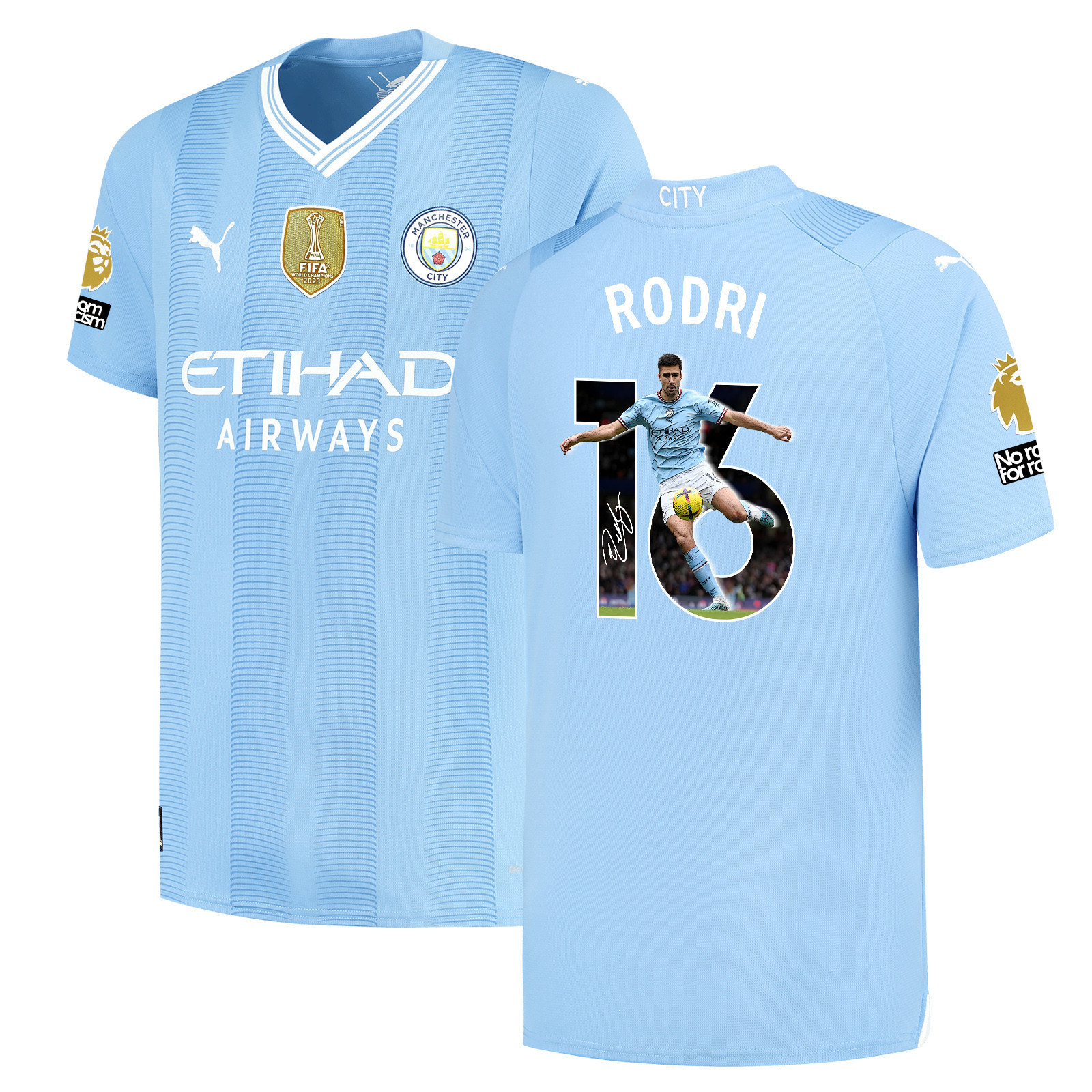 Rodri 16 Signed Kicking Star Manchester City 2023/24 Home Jersey Autographed – Light Blue