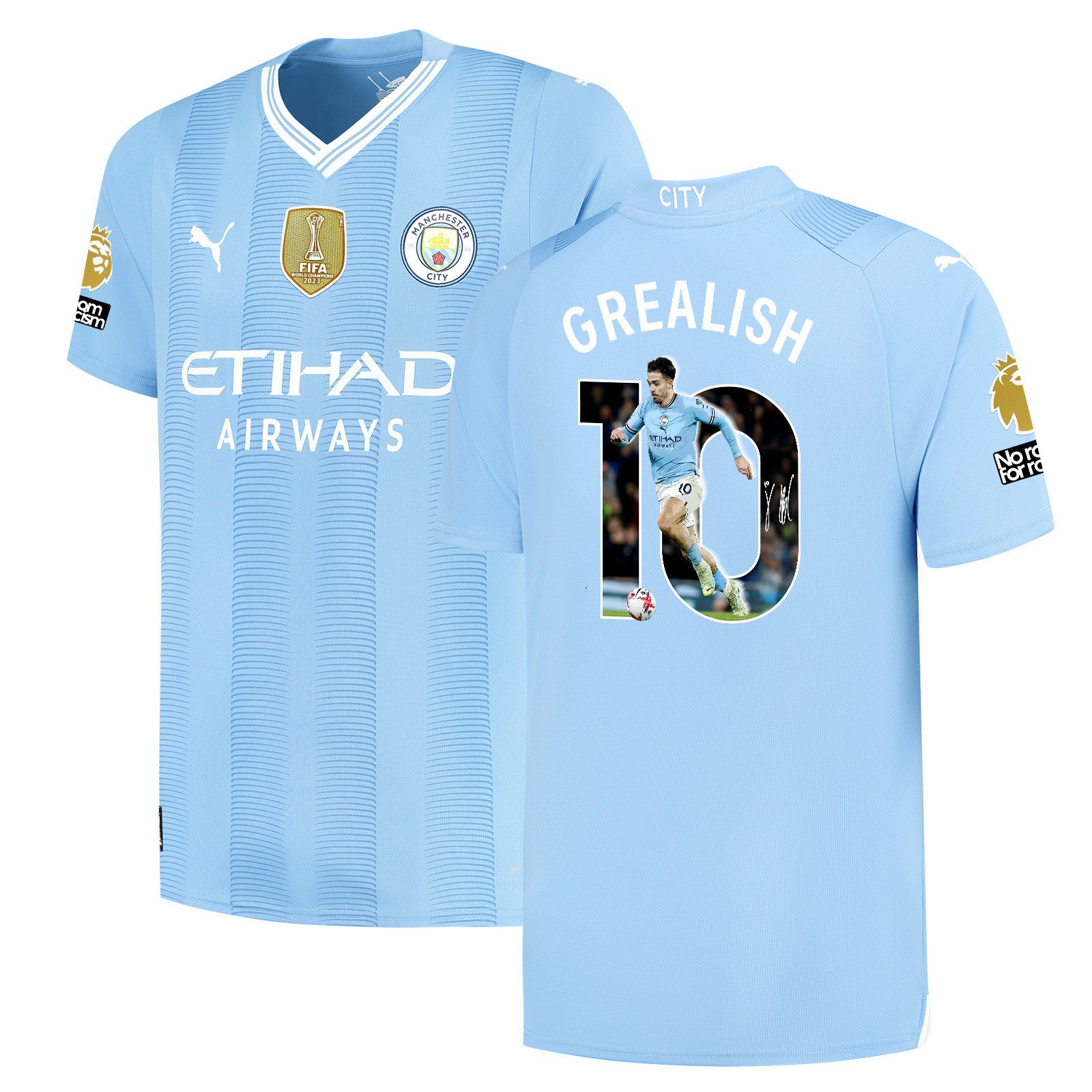 Jack Grealish 10 Signed Kicking Star Manchester City 2023/24 Home Jersey Autographed – Light Blue