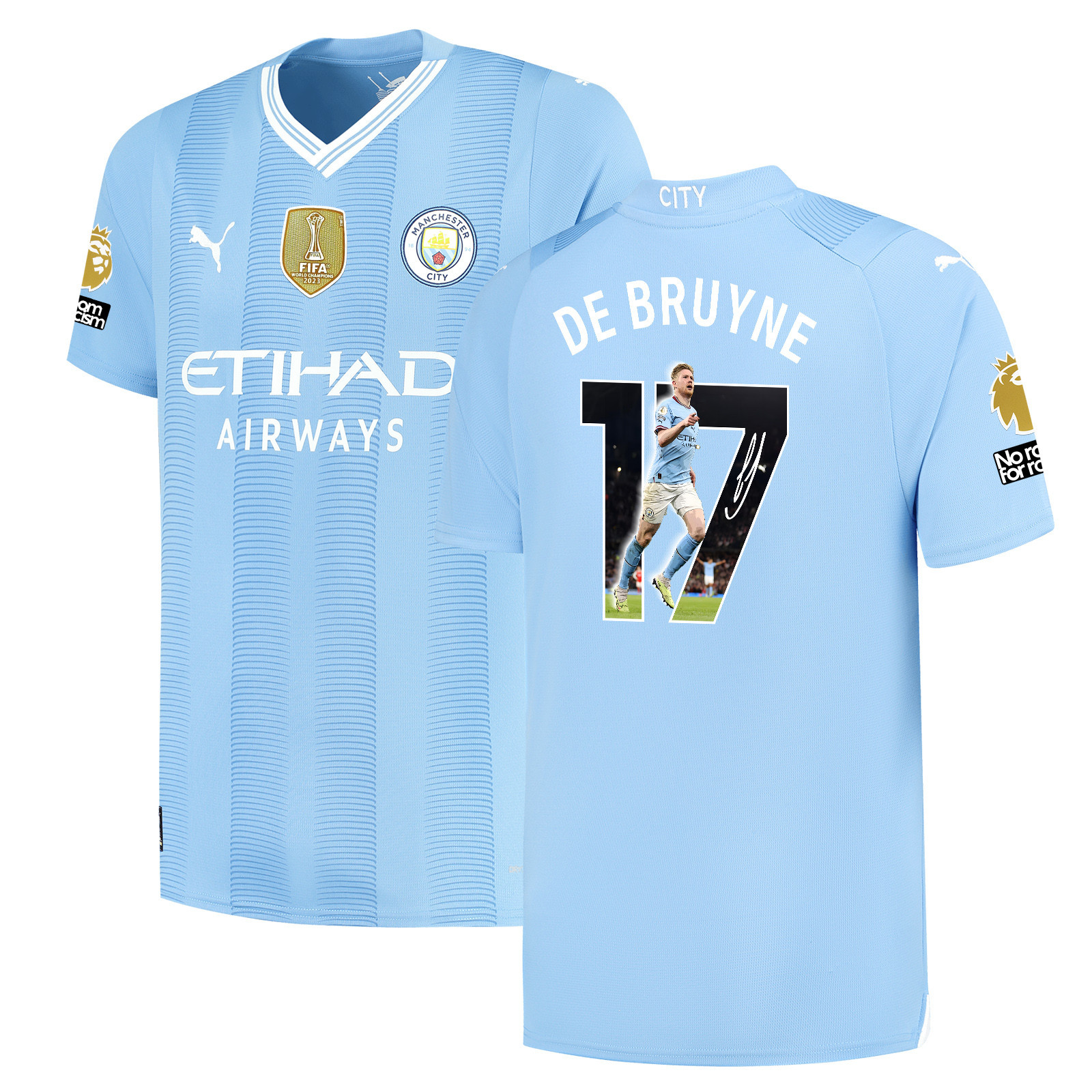 Kevin De Bruyne 17 Signed Kicking Star Manchester City 2023/24 Home Jersey Autographed – Light Blue