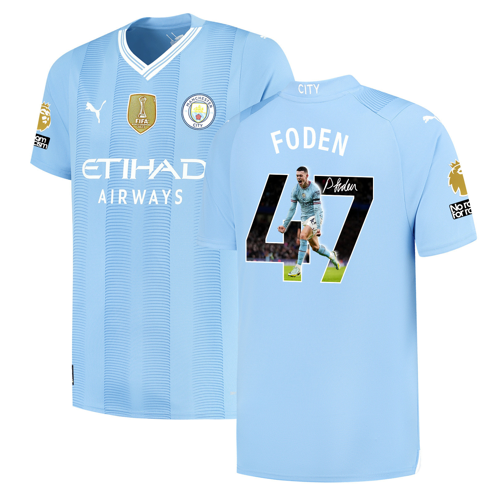 Phil Foden 47 Signed Kicking Star Manchester City 2023/24 Home Jersey Autographed – Light Blue