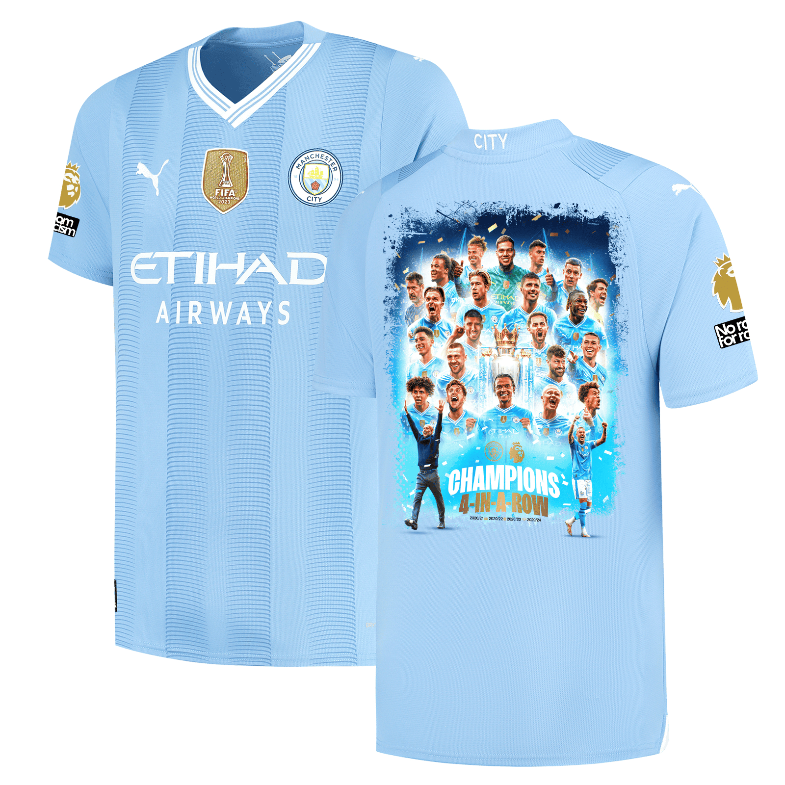 Manchester City 2023/24 EPL Champions 4 In A Row Team Art Home Men Jersey – Light Blue