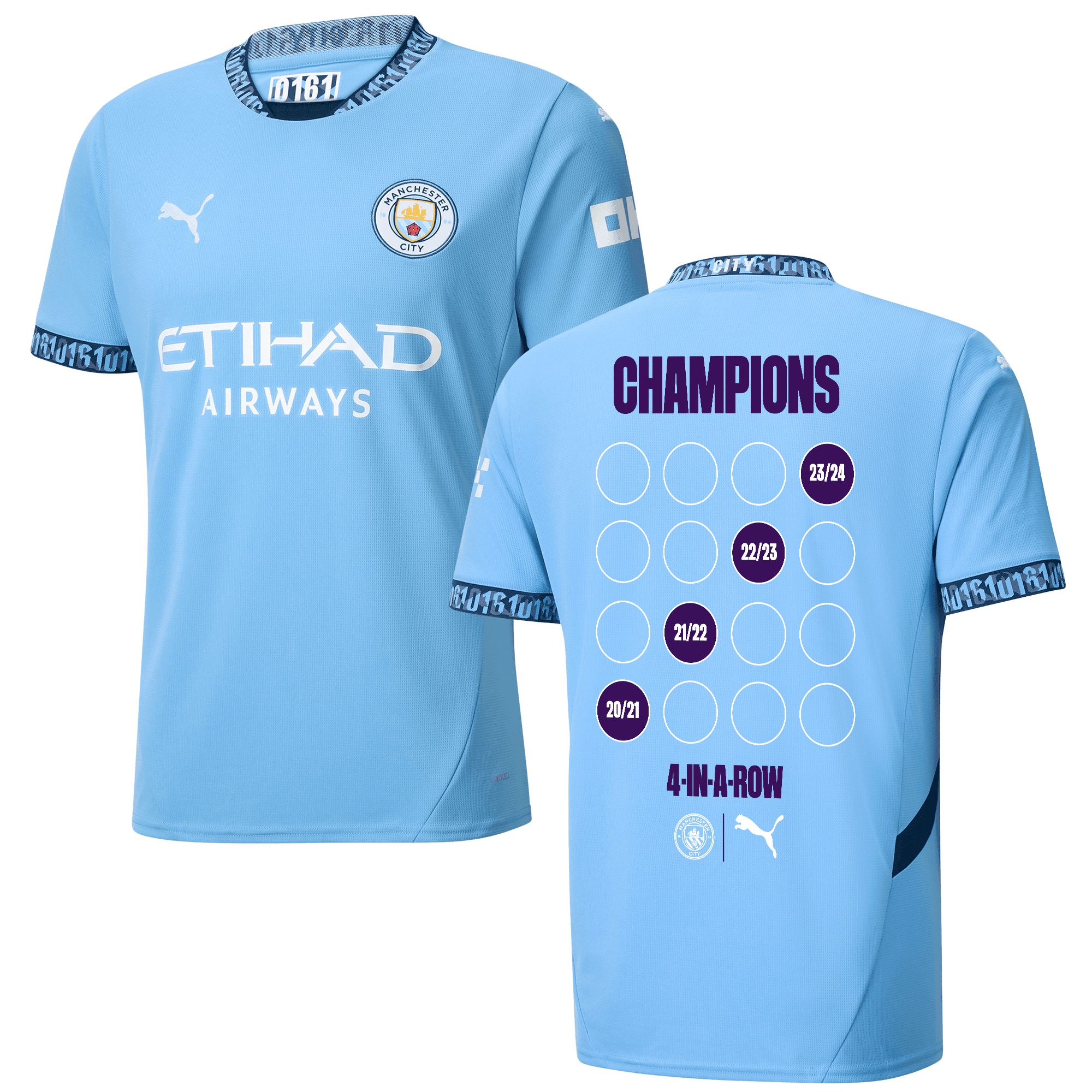 Manchester City 2024/25 '4 In A Row' Premier League Champions Home Men Jersey – Light Blue
