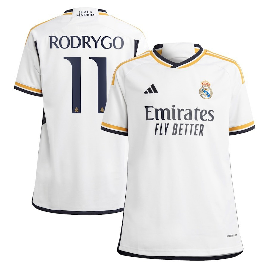 Rodrygo 11 Real Madrid 2023-24 Home Jersey – White, Youth