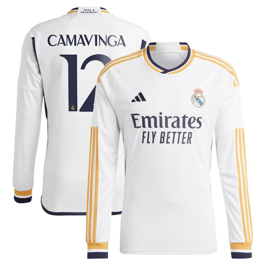 Eduardo Camavinga 12 Real Madrid 2023/24 Home Men Long Sleeve Jersey – White
