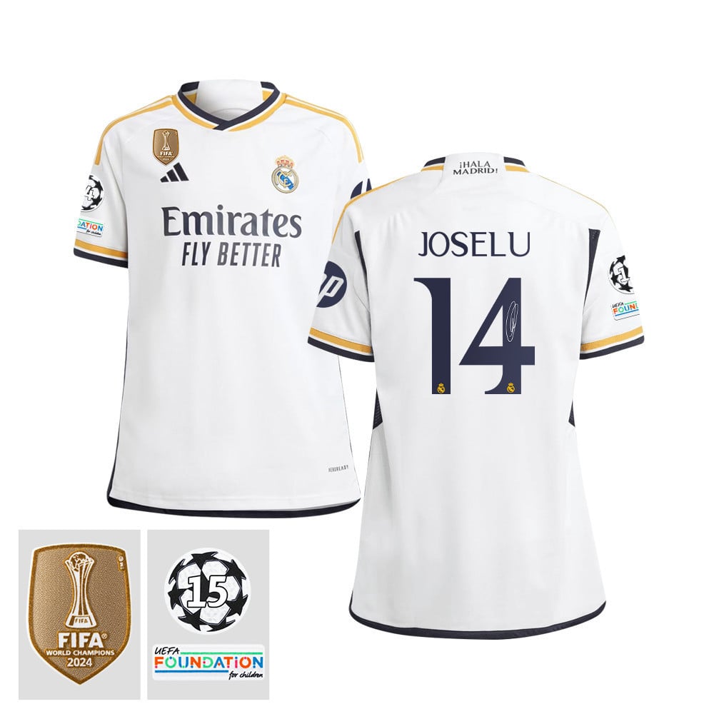 Joselu Mato 14 Signed Starball 15 Times Champions Real Madrid 2023/24 UEFA Patch YOUTH Home Jersey Autographed