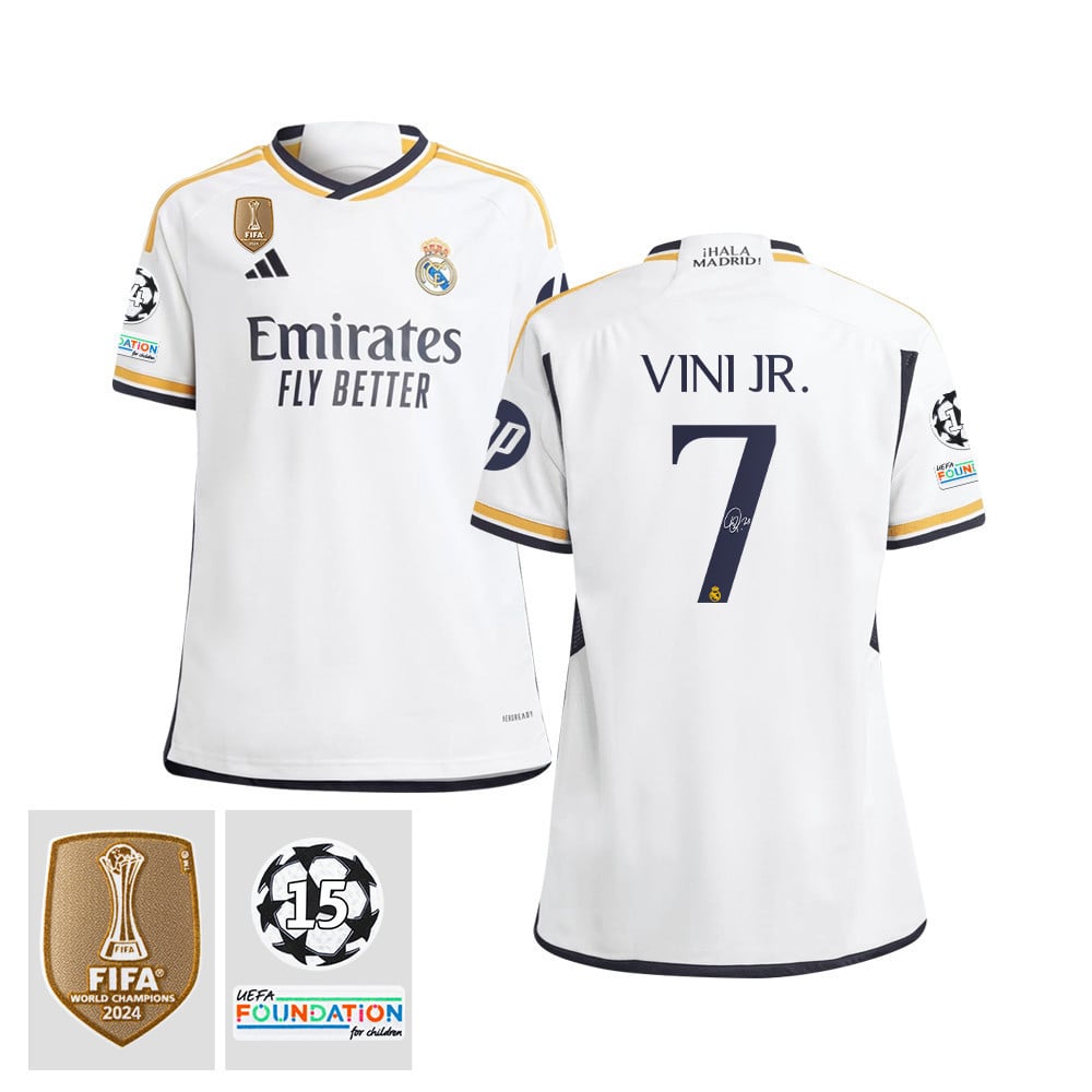 Vinicius Junior 7 Signed Starball 15 Times Champions Real Madrid 2023/24 UEFA Patch YOUTH Home Jersey Autographed