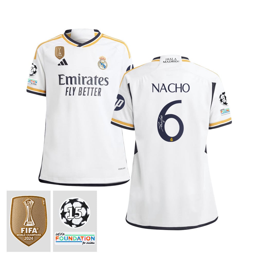 Nacho 6 Signed Starball 15 Times Champions Real Madrid 2023/24 UEFA Patch YOUTH Home Jersey Autographed