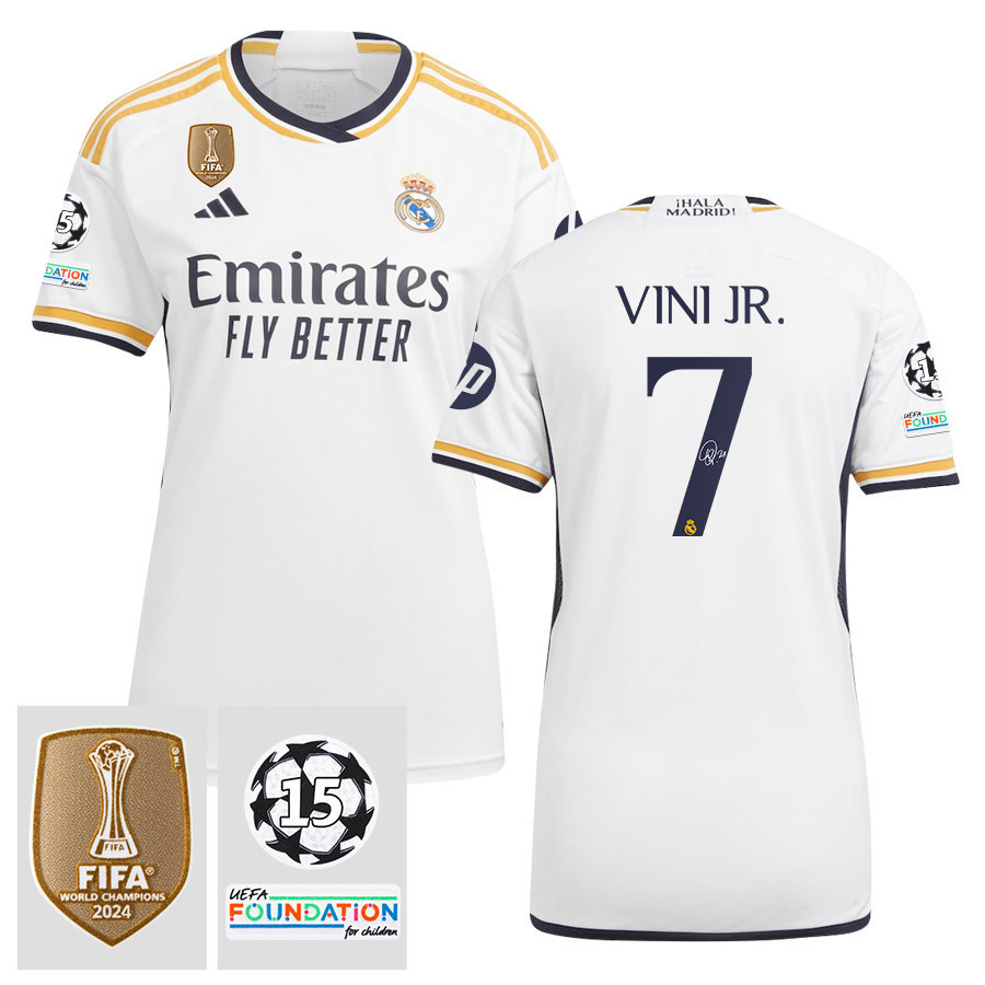 Vinicius Junior 7 Signed Starball 15 Times Champions Real Madrid 2023/24 UEFA Patch Women's Third Jersey Autographed