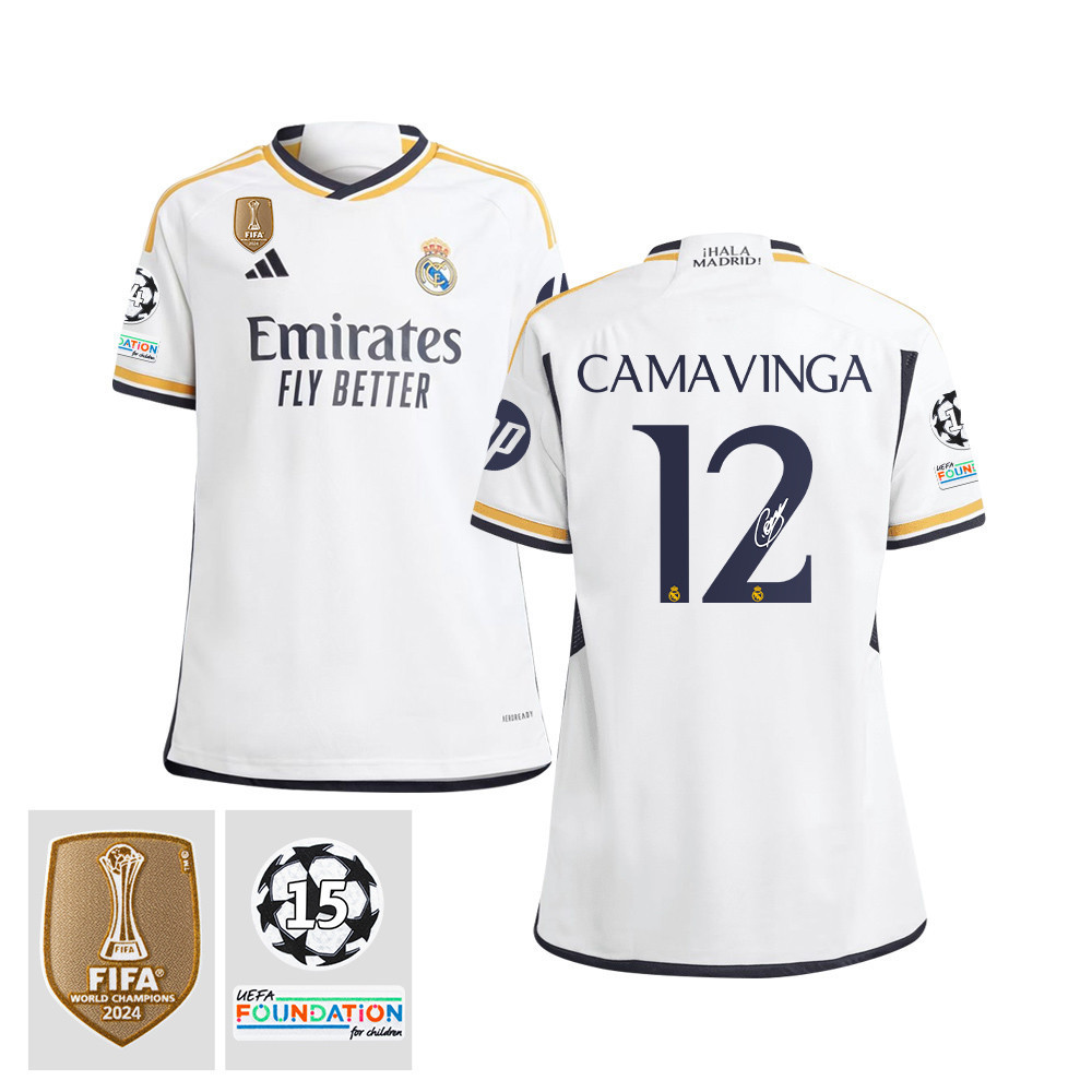 Eduardo Camavinga 12 Signed Starball 15 Times Champions Real Madrid 2023/24 UEFA Patch YOUTH Home Jersey Autographed