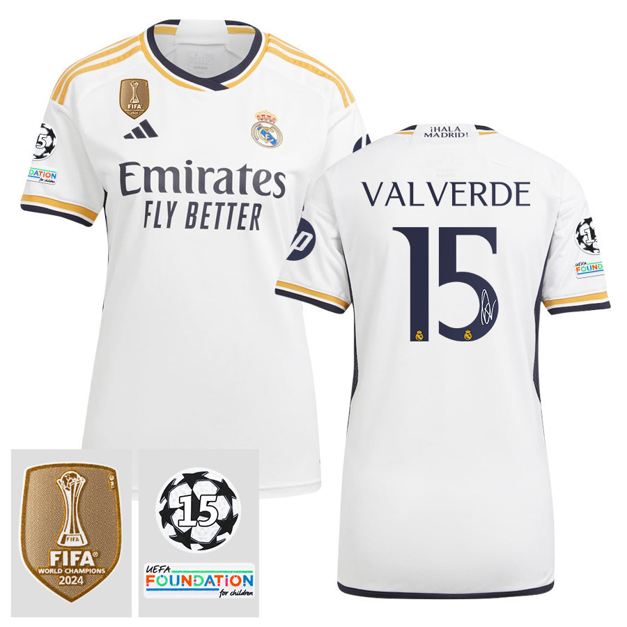 Federico Valverde 15 Signed Starball 15 Times Champions Real Madrid 2023/24 UEFA Patch Women's Third Jersey Autographed