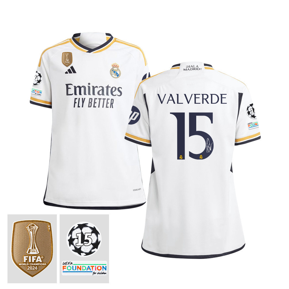Federico Valverde 15 Signed Starball 15 Times Champions Real Madrid 2023/24 UEFA Patch YOUTH Home Jersey Autographed