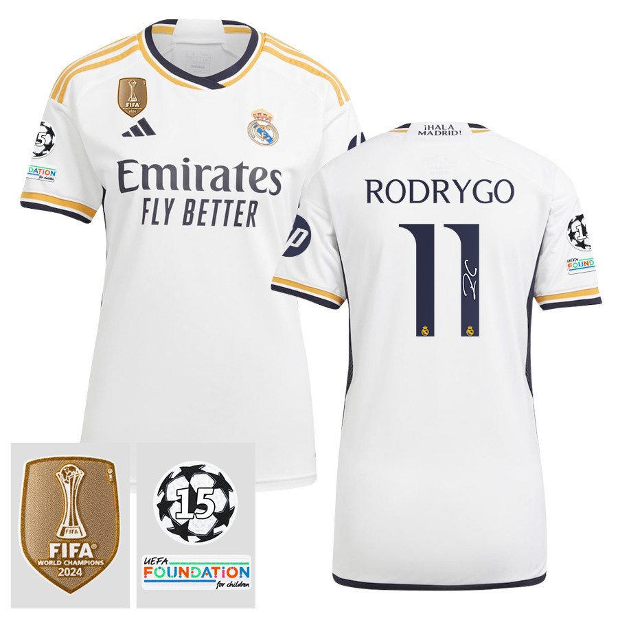 Rodrygo 11 Signed Starball 15 Times Champions Real Madrid 2023/24 UEFA Patch Women's Third Jersey Autographed