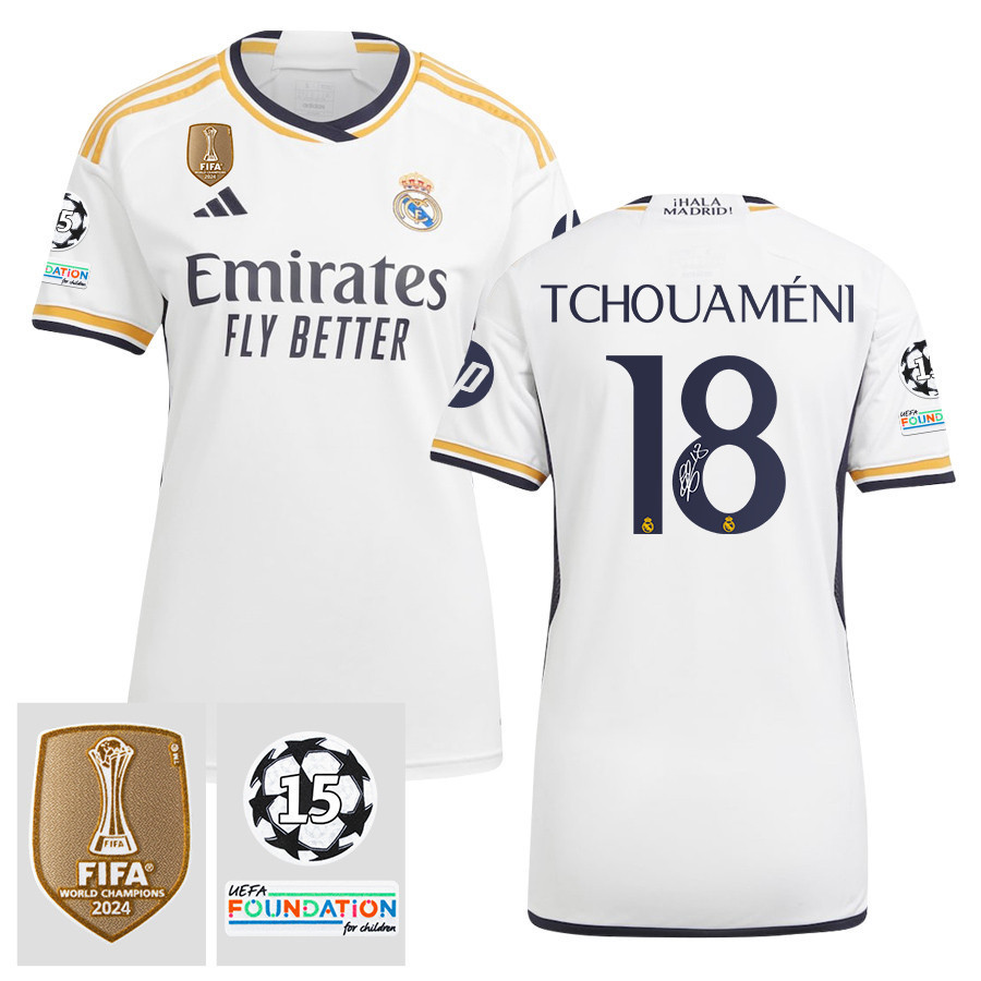 Aurlien Tchouamni 18 Signed Starball 15 Times Champions Real Madrid 2023/24 UEFA Patch Women's Third Jersey Autographed