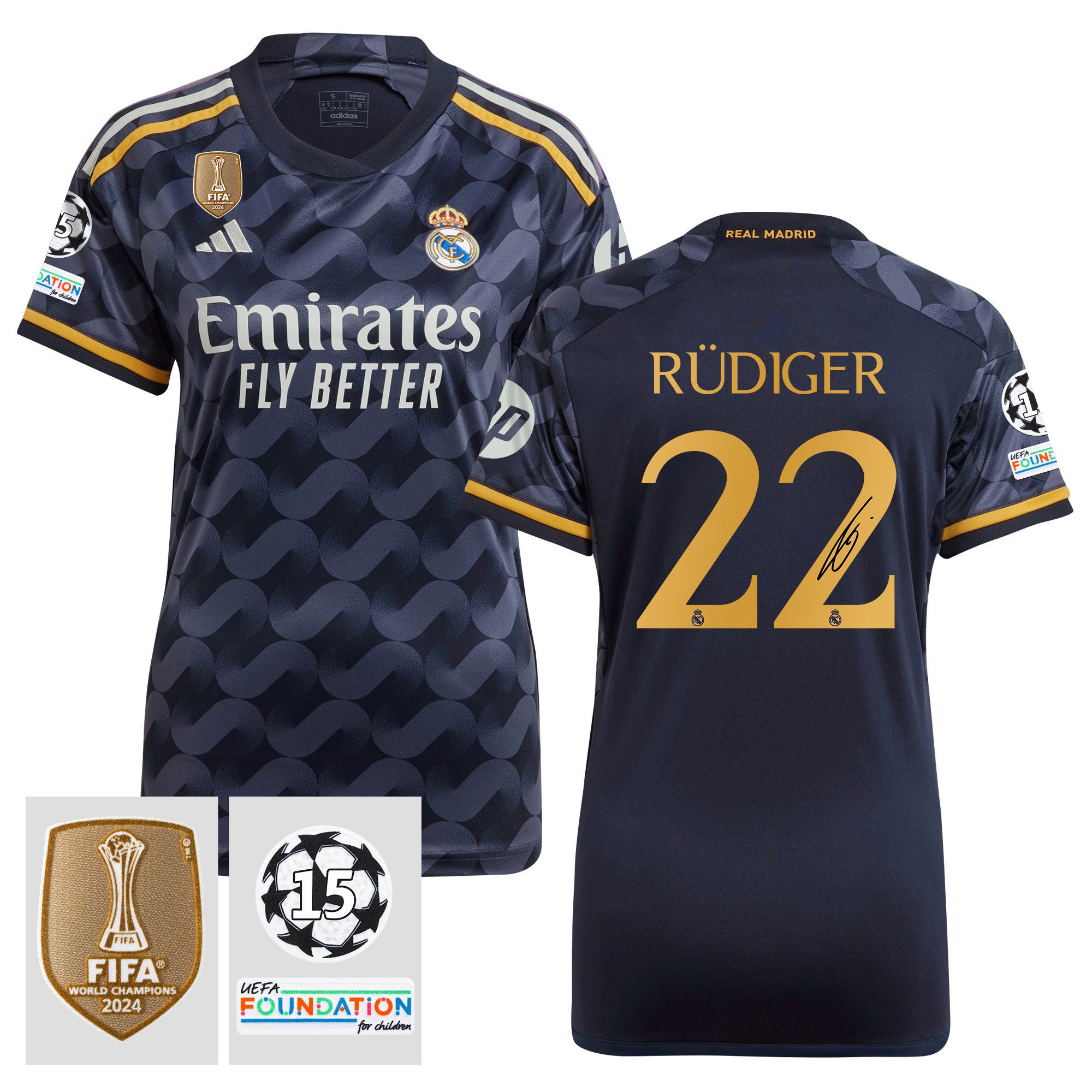 Antonio Rdiger 22 Signed Starball 15 Times Champions Real Madrid 2023/24 UEFA Patch Women's Away Jersey Autographed