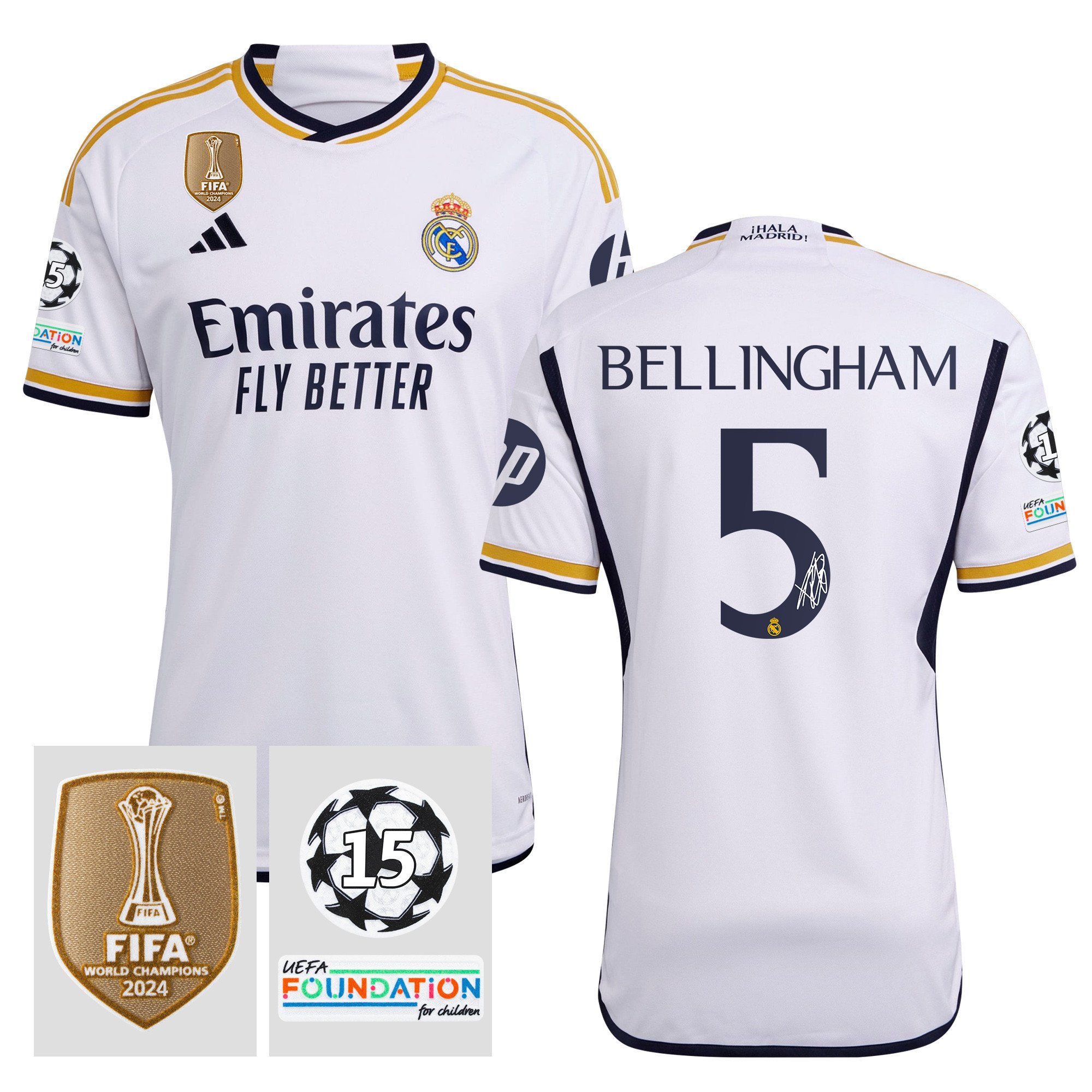 Jude Bellingham 5 Signed Starball 15 Times Champions Real Madrid 2023/24 UEFA Patch Home Jersey Autographed – Men White