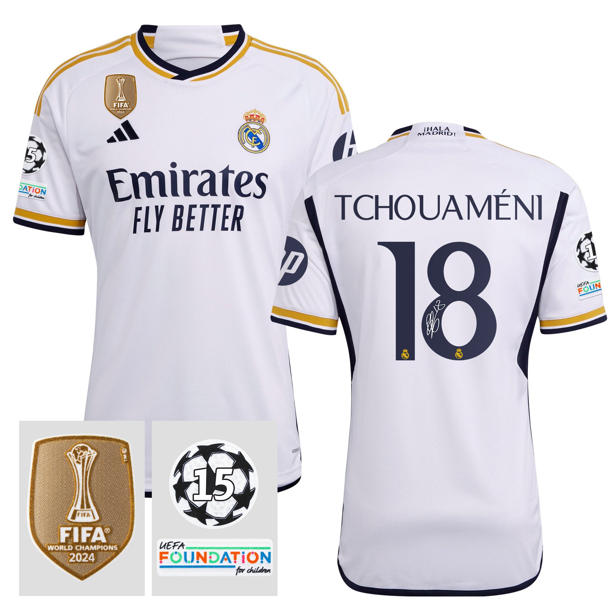 Aurlien Tchouamni 18 Signed Starball 15 Times Champions Real Madrid 2023/24 UEFA Patch Home Jersey Autographed – Men White