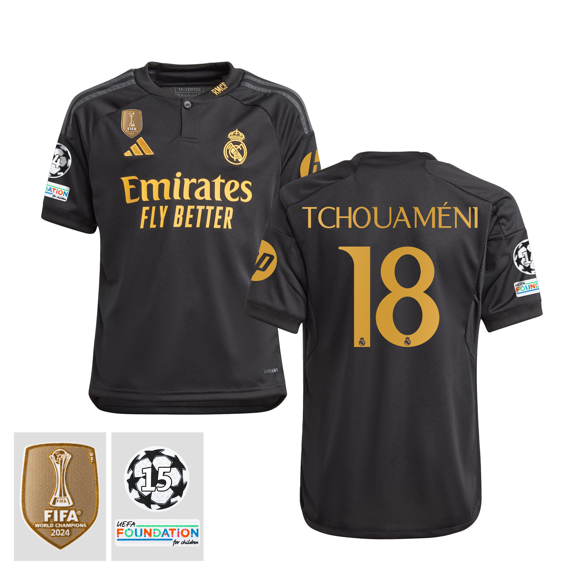 Aurlien Tchouamni 18 Signed Starball 15 Times Champions Real Madrid 2023/24 UEFA Patch YOUTH Third Jersey Autographed