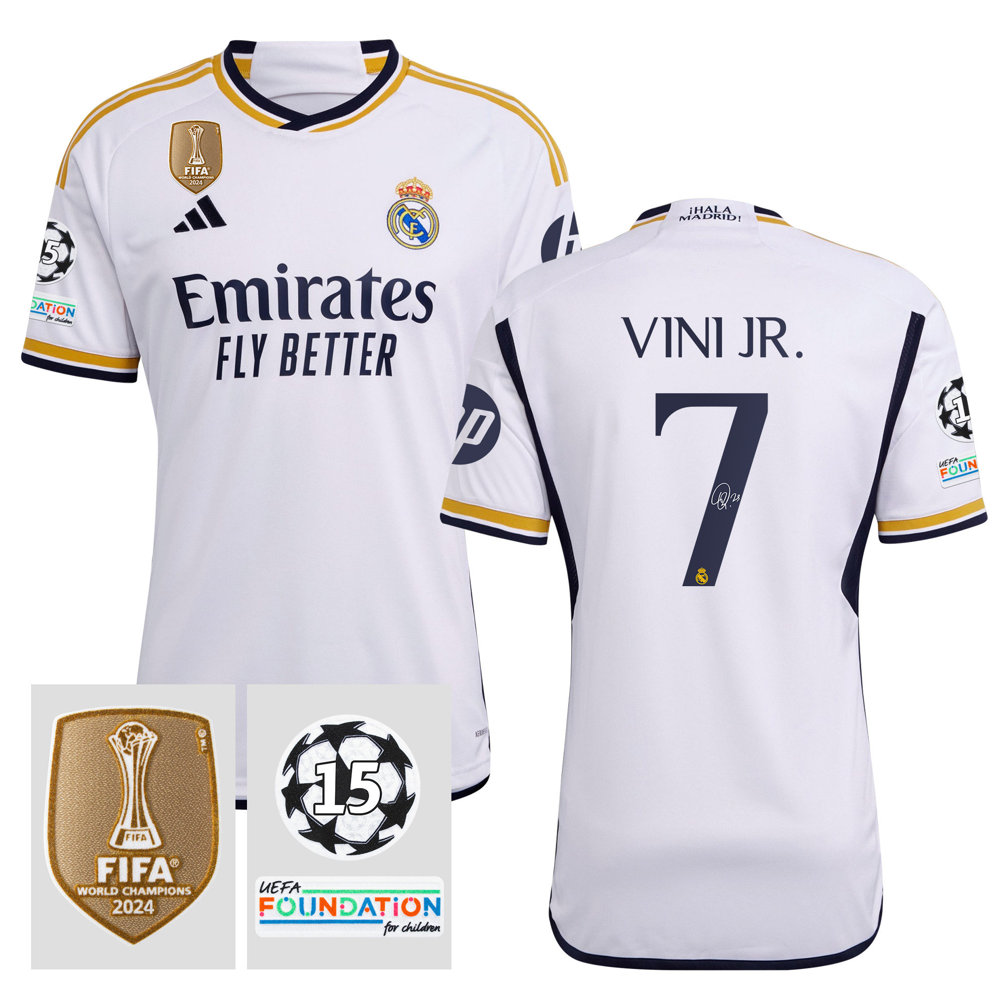 Vinicius Junior 7 Signed Starball 15 Times Champions Real Madrid 2023/24 UEFA Patch Home Jersey Autographed – Men White