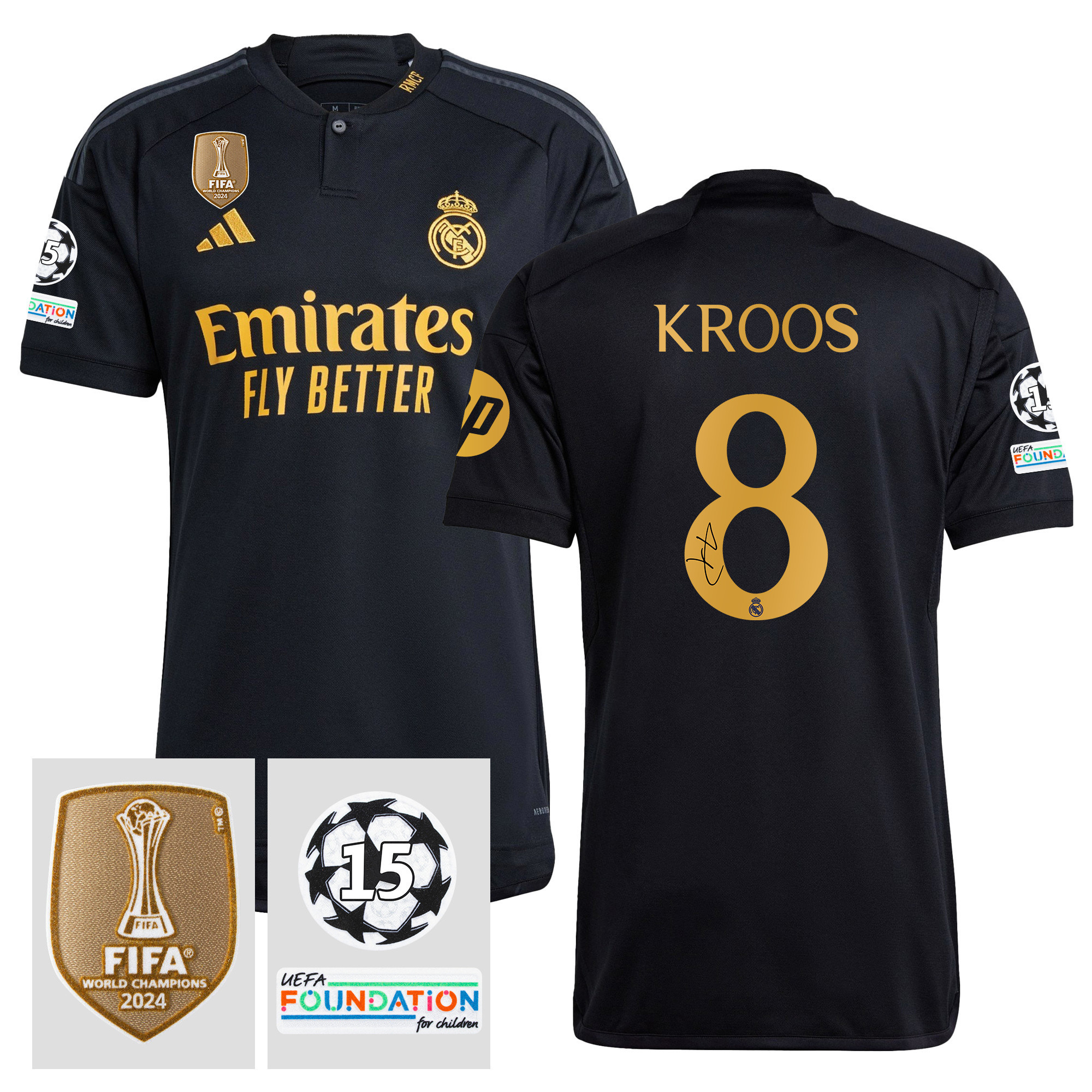 Toni Kroos 8 Signed Starball 15 Times Champions Real Madrid 2023/24 UEFA Patch Third Jersey Autographed – Men