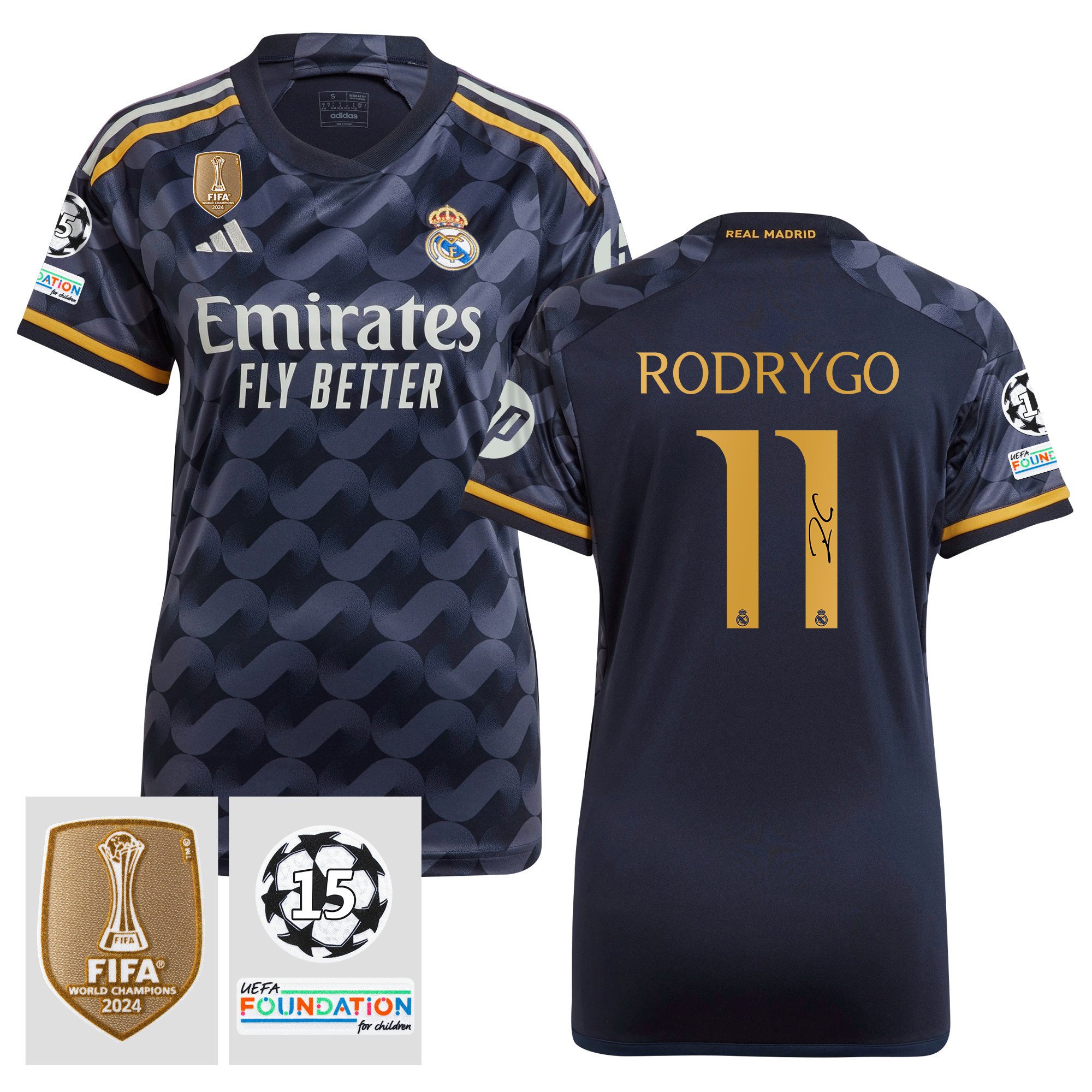 Rodrygo 11 Signed Starball 15 Times Champions Real Madrid 2023/24 UEFA Patch Women's Away Jersey Autographed