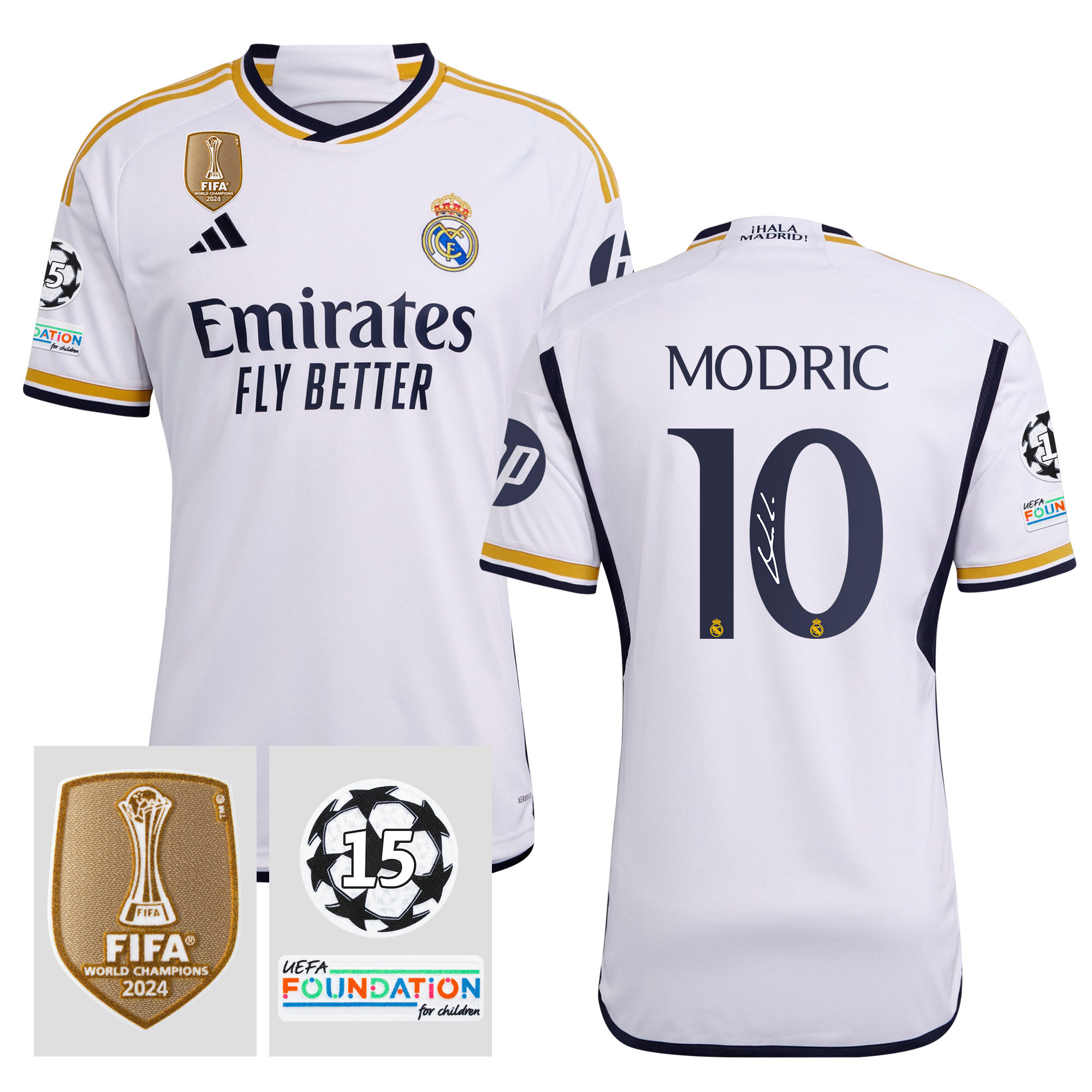 Luka Modric 10 Signed Starball 15 Times Champions Real Madrid 2023/24 UEFA Patch Home Jersey Autographed – Men White