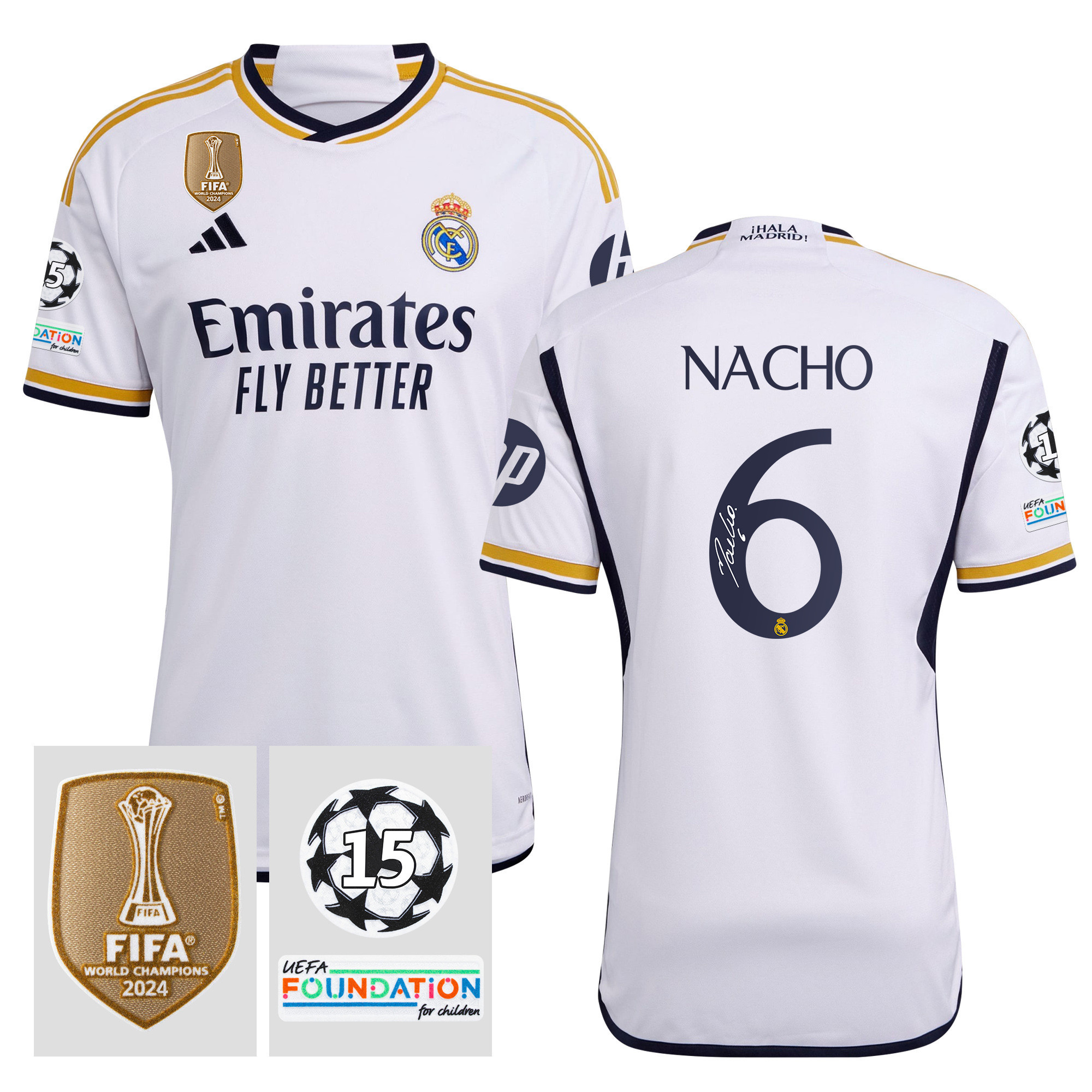 Nacho 6 Signed Starball 15 Times Champions Real Madrid 2023/24 UEFA Patch Home Jersey Autographed – Men White
