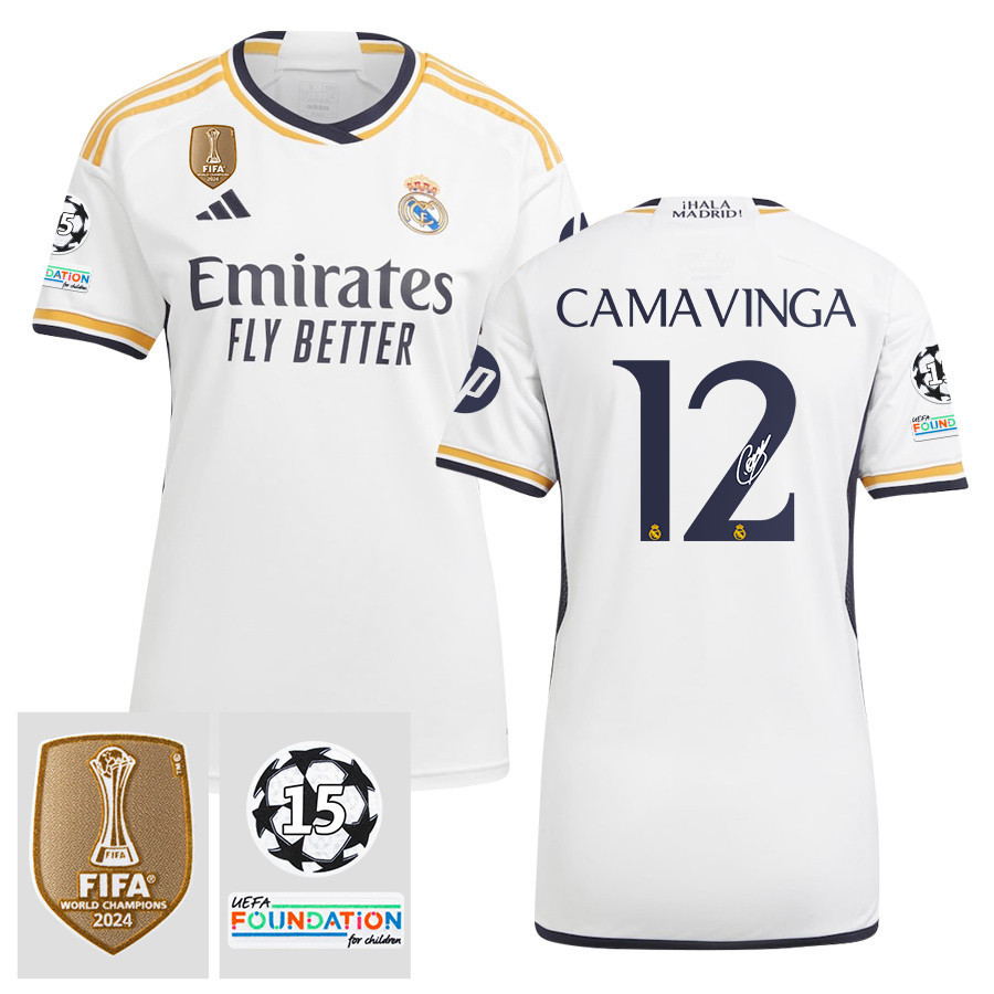 Eduardo Camavinga 12 Signed Starball 15 Times Champions Real Madrid 2023/24 UEFA Patch Women's Third Jersey Autographed