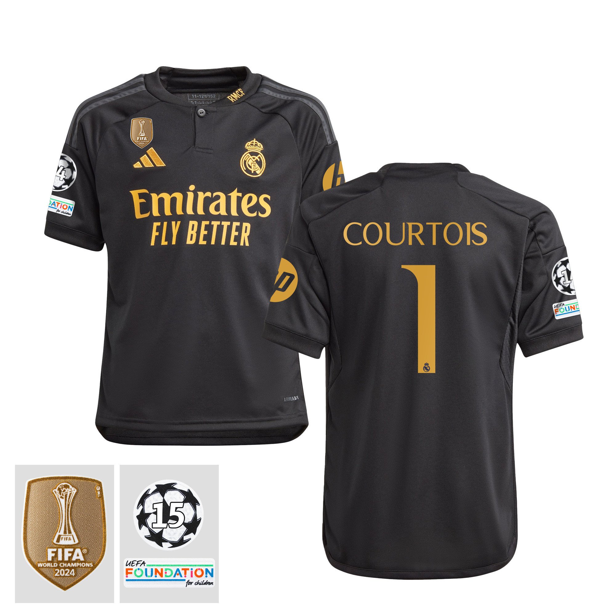 Thibaut Courtois 1 Signed Starball 15 Times Champions Real Madrid 2023/24 UEFA Patch YOUTH Third Jersey Autographed
