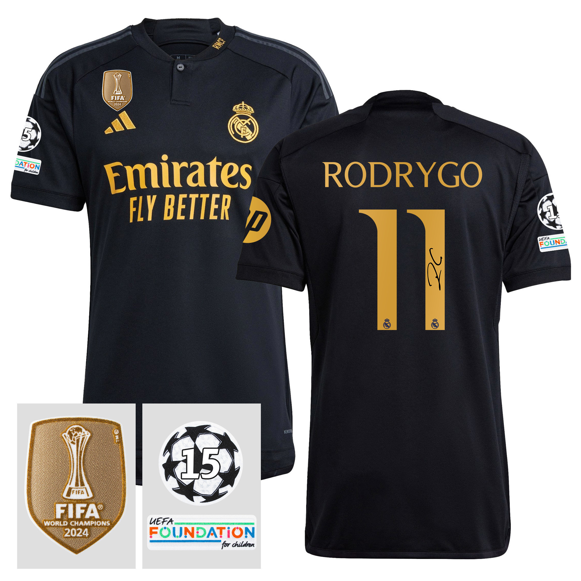 Rodrygo 11 Signed Starball 15 Times Champions Real Madrid 2023/24 UEFA Patch Third Jersey Autographed – Men