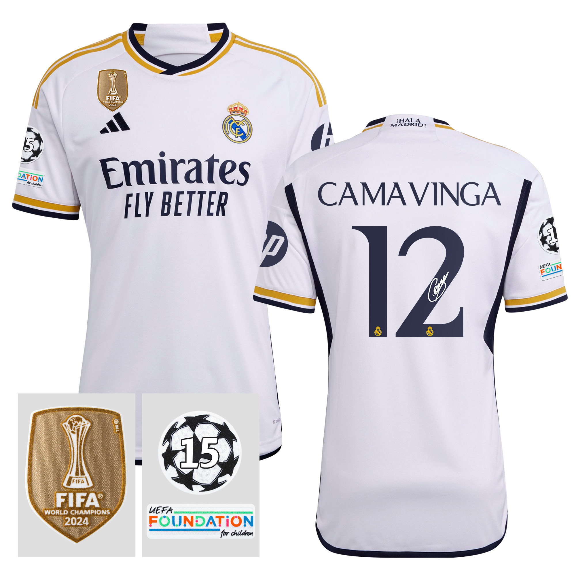 Eduardo Camavinga 12 Signed Starball 15 Times Champions Real Madrid 2023/24 UEFA Patch Home Jersey Autographed – Men White