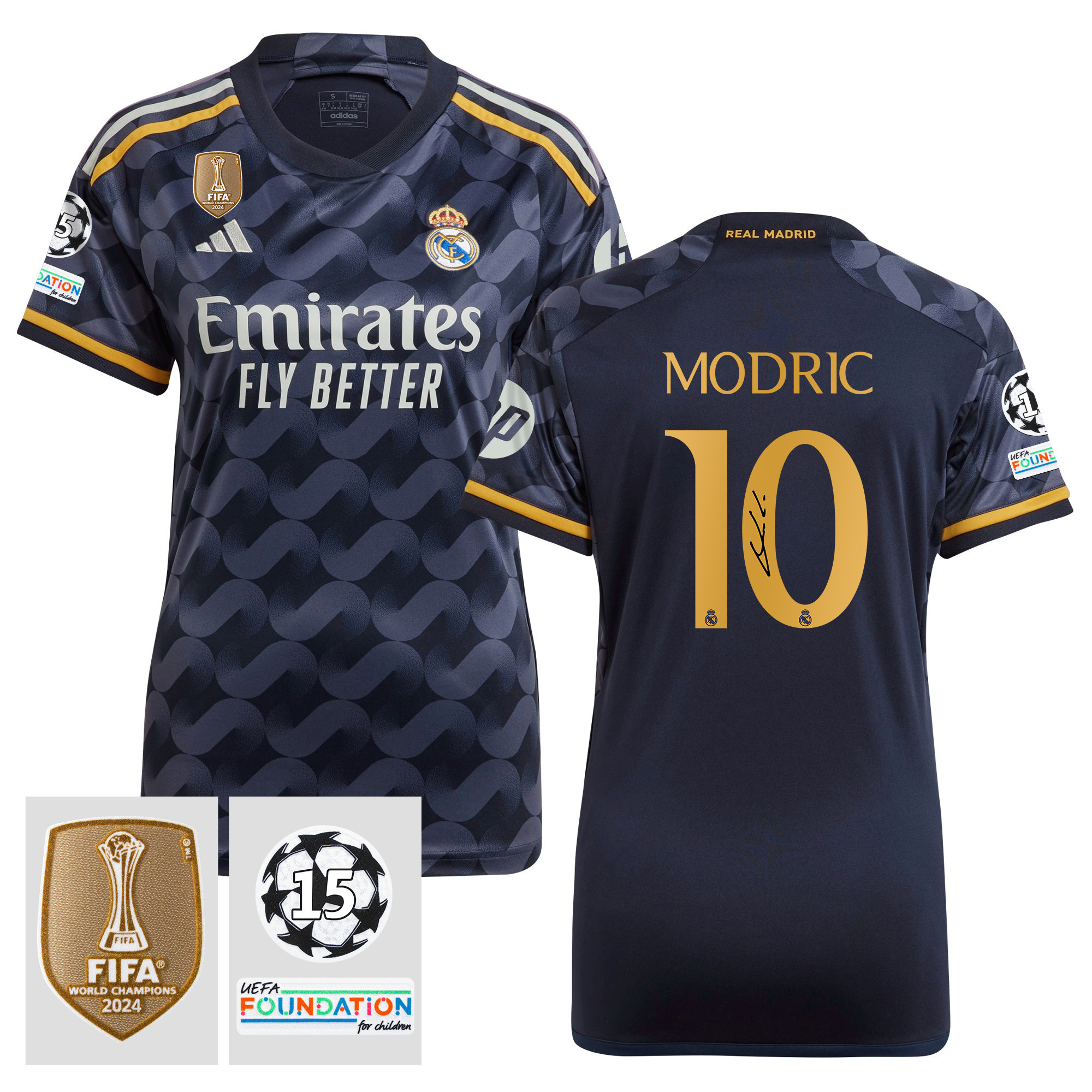 Luka Modric 10 Signed Starball 15 Times Champions Real Madrid 2023/24 UEFA Patch Women's Away Jersey Autographed