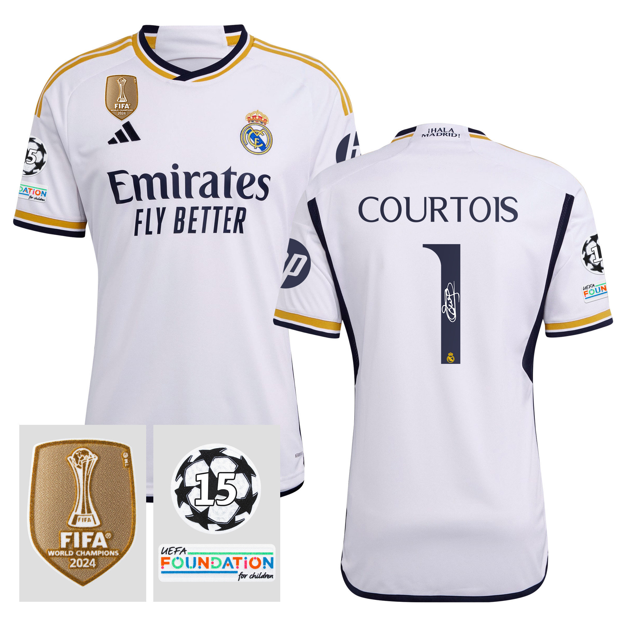 Thibaut Courtois 1 Signed Starball 15 Times Champions Real Madrid 2023/24 UEFA Patch Home Jersey Autographed – Men White