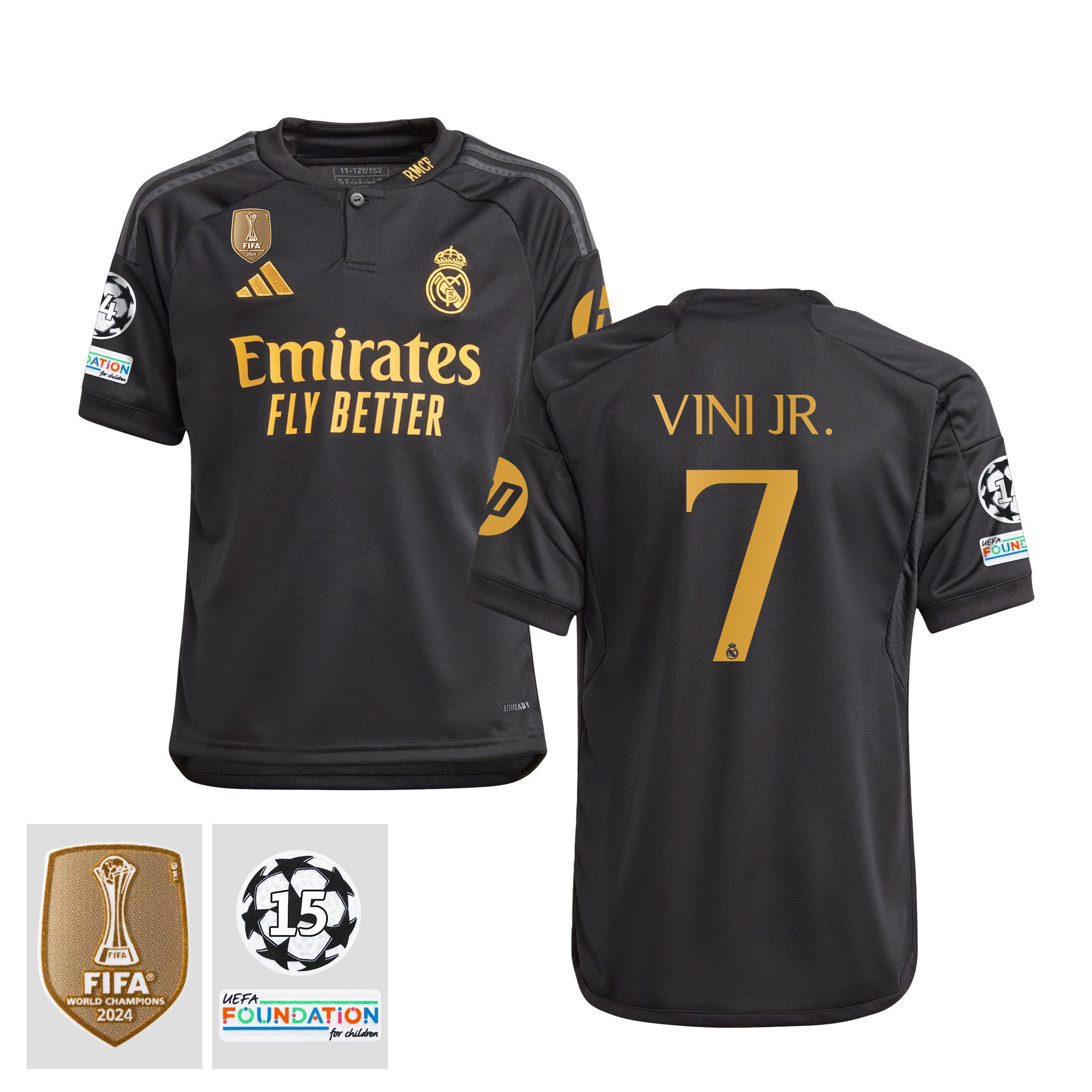 Vinicius Junior 7 Signed Starball 15 Times Champions Real Madrid 2023/24 UEFA Patch YOUTH Third Jersey Autographed