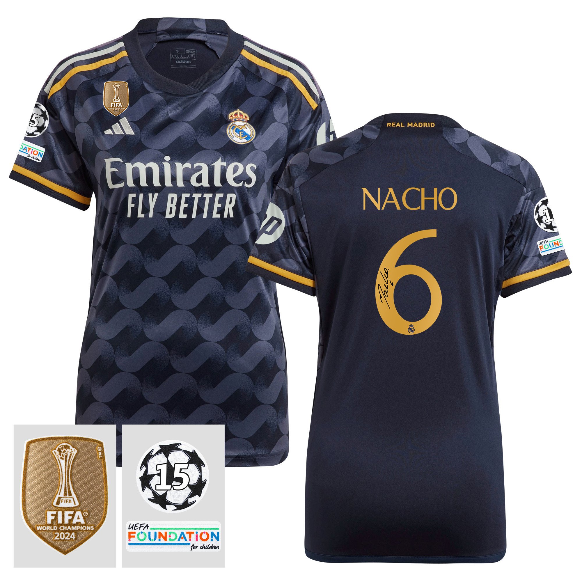 Nacho 6 Signed Starball 15 Times Champions Real Madrid 2023/24 UEFA Patch Women's Away Jersey Autographed