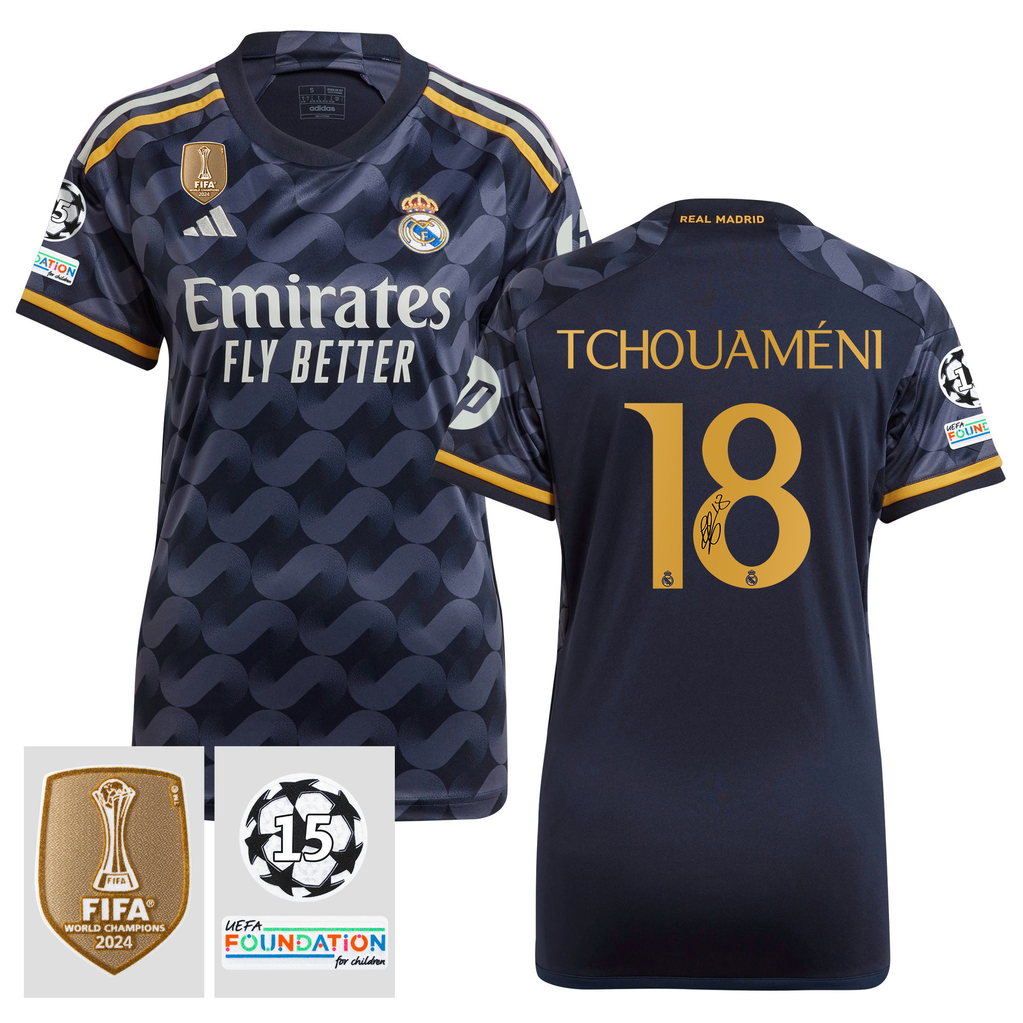Aurlien Tchouamni 18 Signed Starball 15 Times Champions Real Madrid 2023/24 UEFA Patch Women's Away Jersey Autographed