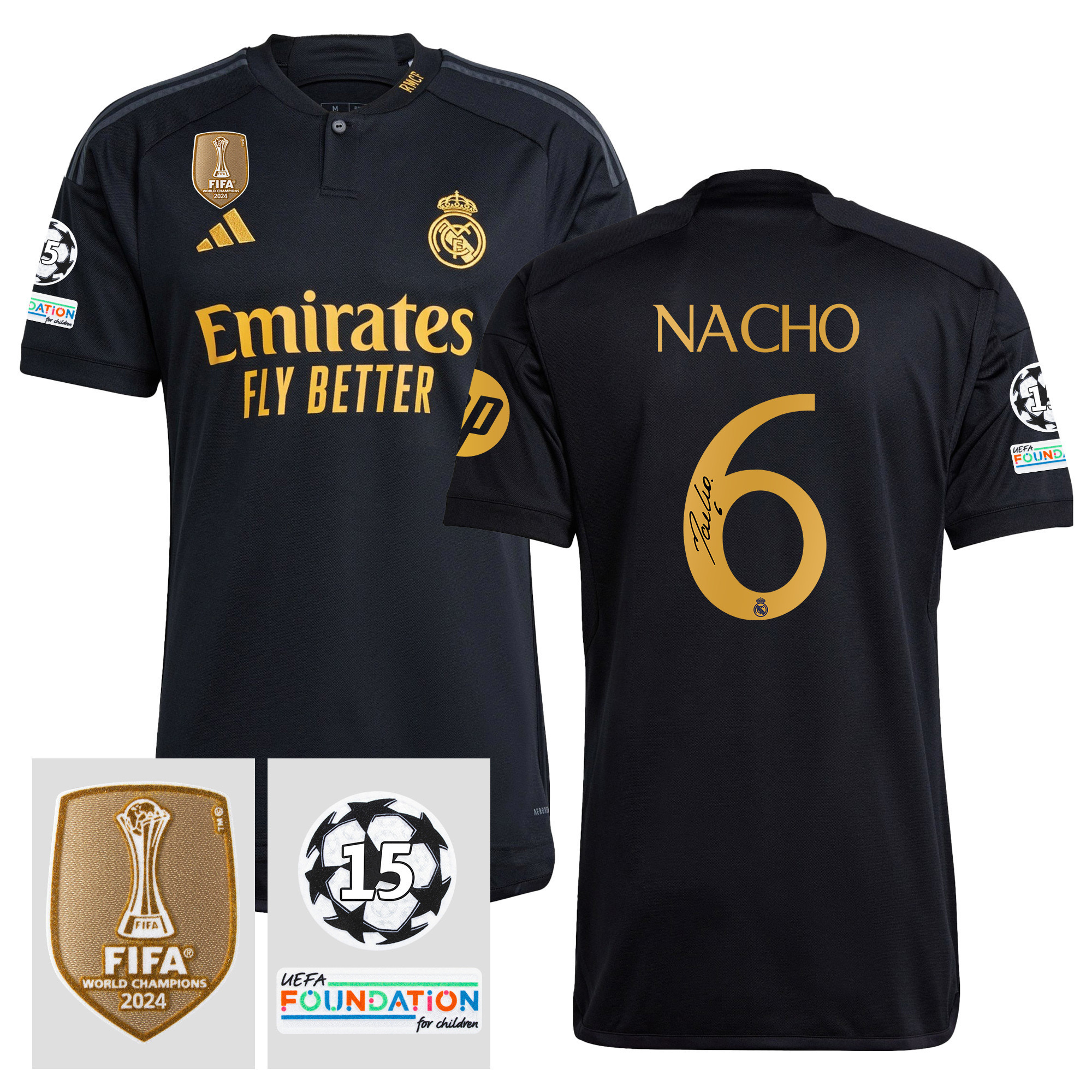 Nacho 6 Signed Starball 15 Times Champions Real Madrid 2023/24 UEFA Patch Third Jersey Autographed – Men