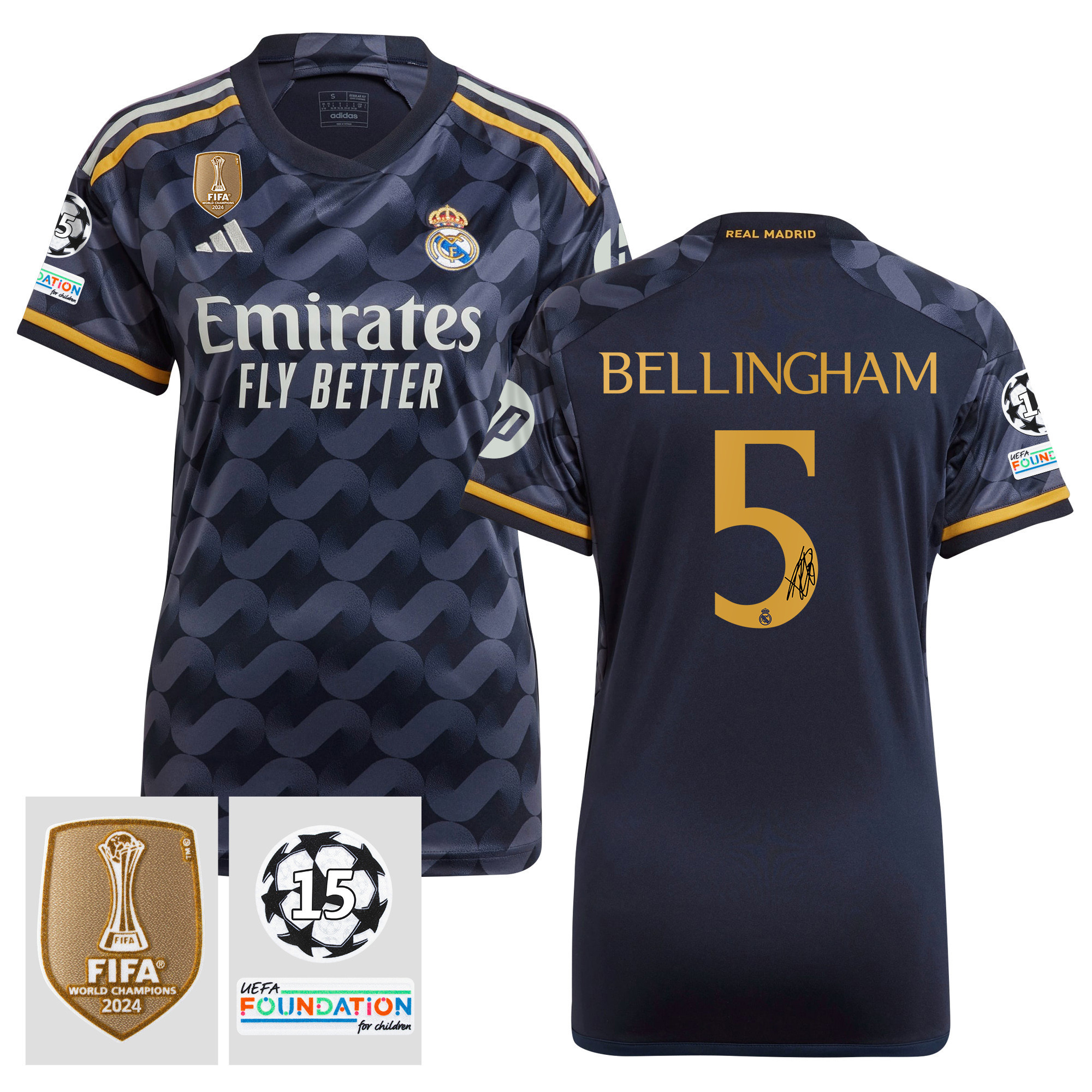 Jude Bellingham 5 Signed Starball 15 Times Champions Real Madrid 2023/24 UEFA Patch Women's Away Jersey Autographed