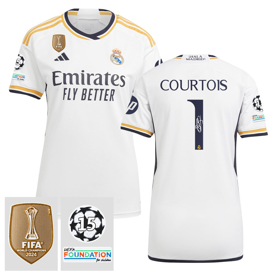 Thibaut Courtois 1 Signed Starball 15 Times Champions Real Madrid 2023/24 UEFA Patch Women's Third Jersey Autographed